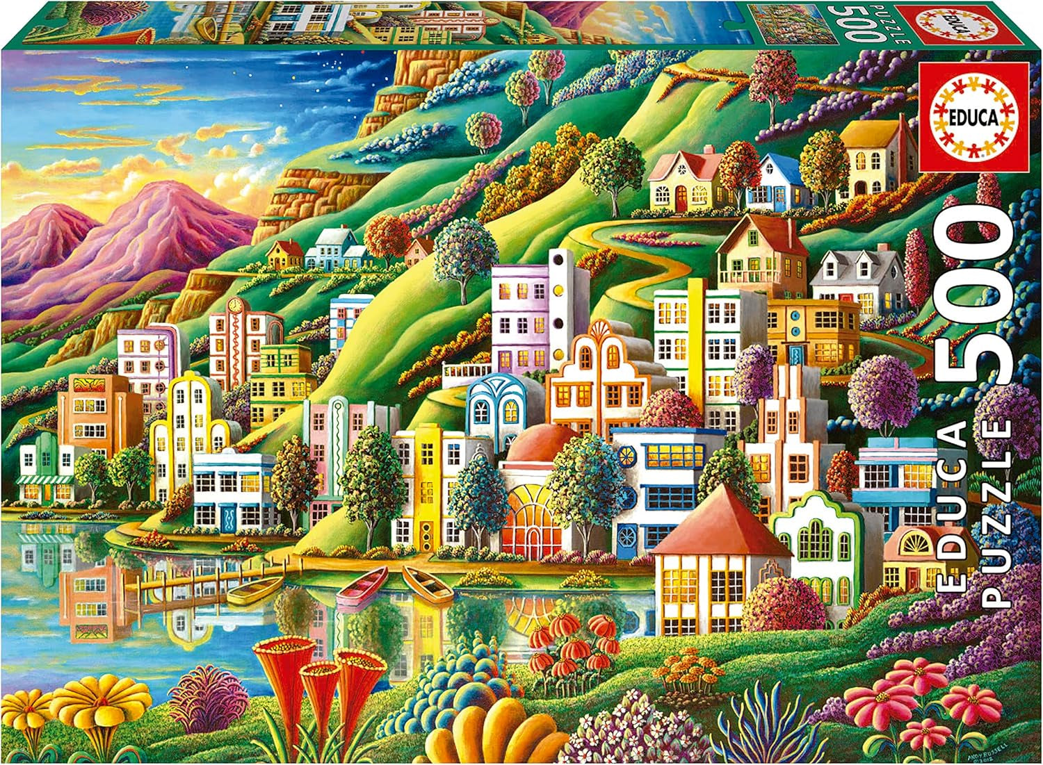 Educa - Puzzel 500 stukjes voor volwassenen | Kleurrijk dorp aan het meer Puzzel van 500 stukjes voor volwassenen en kinderen vanaf 11 jaar, landschapspuzzel, illustratie (19552) Puzzel Naty Shop Standaard titel