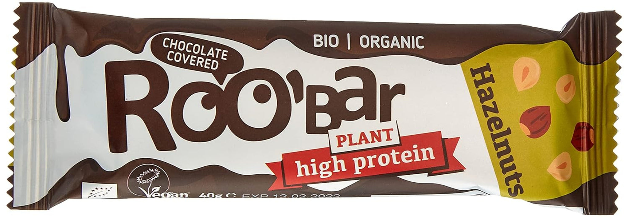 Eiwitrijke chocolade geglazuurde hazelnootrepen - 100% biologisch, veganistisch, fruitrepen, zuivelvrij, glutenvrij, geraffineerde suikervrij - 16 repen x 40 g