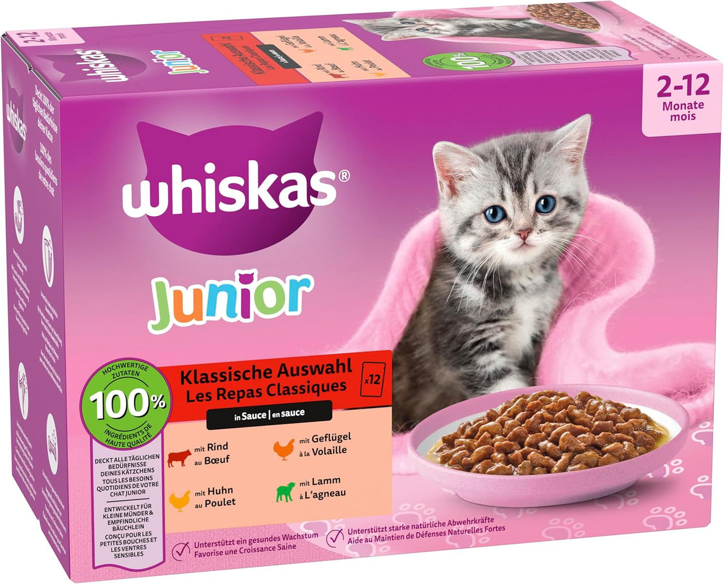 Whiskas Junior Classic Selection Natvoer voor katten in saus, 48 ​​zakjes, 12 x 85 g (4 stuks) - Hoogwaardig natvoer voor opgroeiende katten, 2 tot 12 maanden