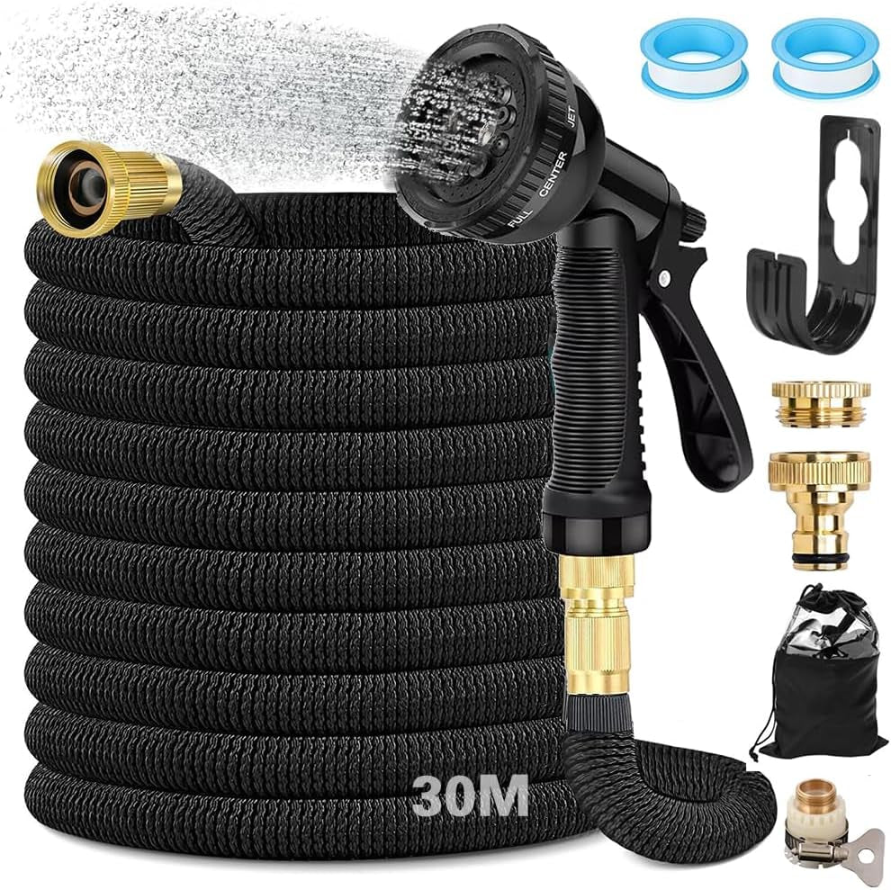15 m flexibele uitschuifbare tuinslang, flexibele waterslang met 8 sproeifuncties, 1/2 inch tot 3/4 inch flexibele tuinslang, voor tuinbesproeiing, autowassen, wassen en besproeien