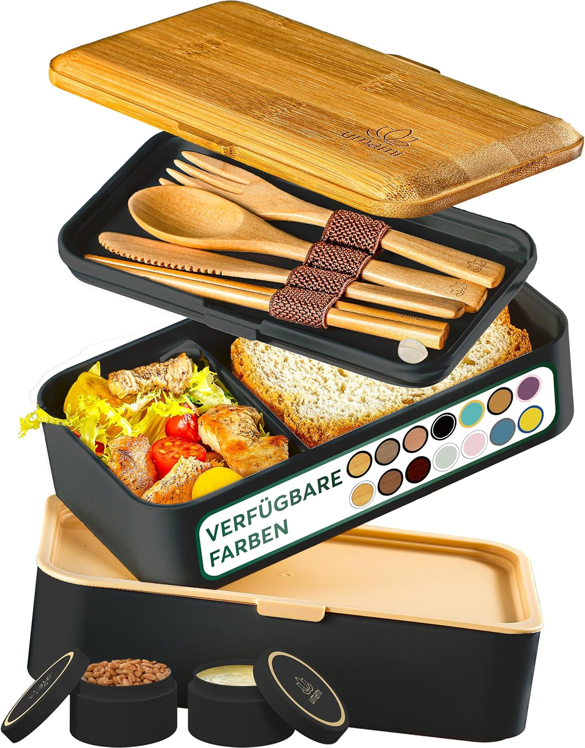 Umami lunchbox voor volwassenen, stapelbare bentobox met 4 bestek en vakken, lunchbox voor volwassenen, saladecontainer voor onderweg, picknick-/kantoorlunchbox, houtskoolgrijs, 1500 ml Naty Shop voedselbewaardozen zwart bruin L - 1200 ml