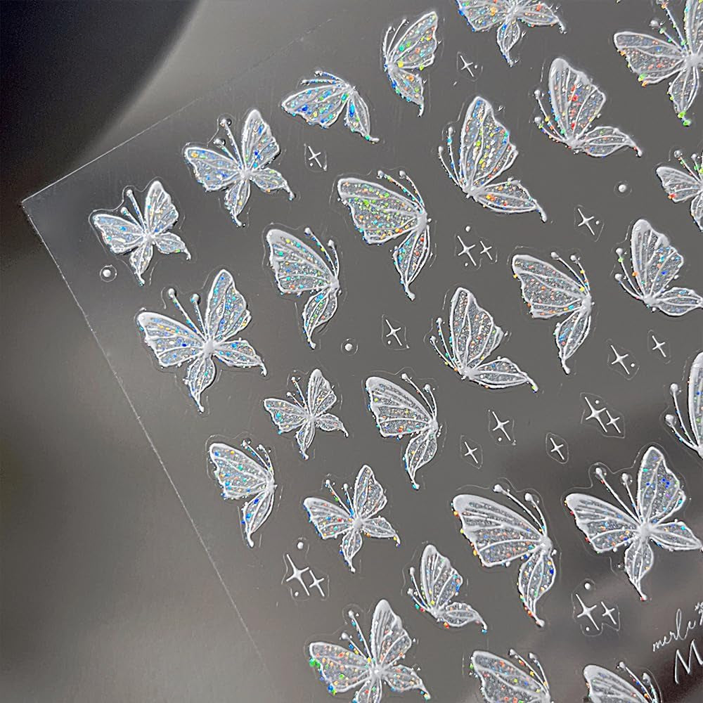 Aurora Muschel Schmetterling Nagelsticker Weiß Schmetterlinge Nagelsticker Gelee Relief Butterfly Nagelaufkleber Y2K Vlinders Nagelsticker Nägel Nageldesign Nagel Zubehör Nail Art Stickers Nailart