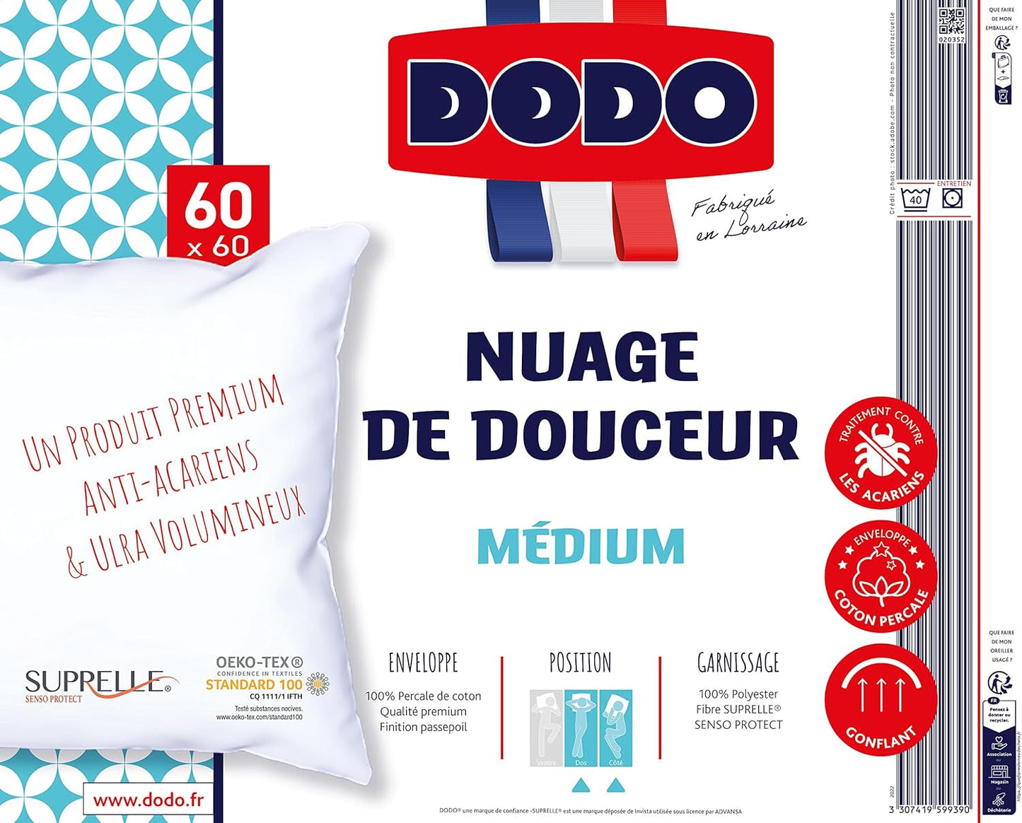 DODO Premium kussen, 60 x 60 cm, medium comfort, Cloud De Douceur kussen | Mijtbestendig en pluizig | Perkaal Katoen + Biezen Machinewasbaar op 40 °C Naty Shop standaard kussens