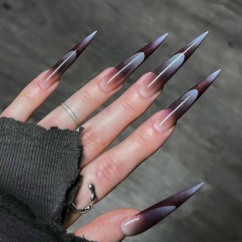 Mouyuglow Lange nagels Stiletto Melkwit Gradiënt Roze Glitter Cool Nepnagels met lijm Roze Ombre Glitter Kunstnagels