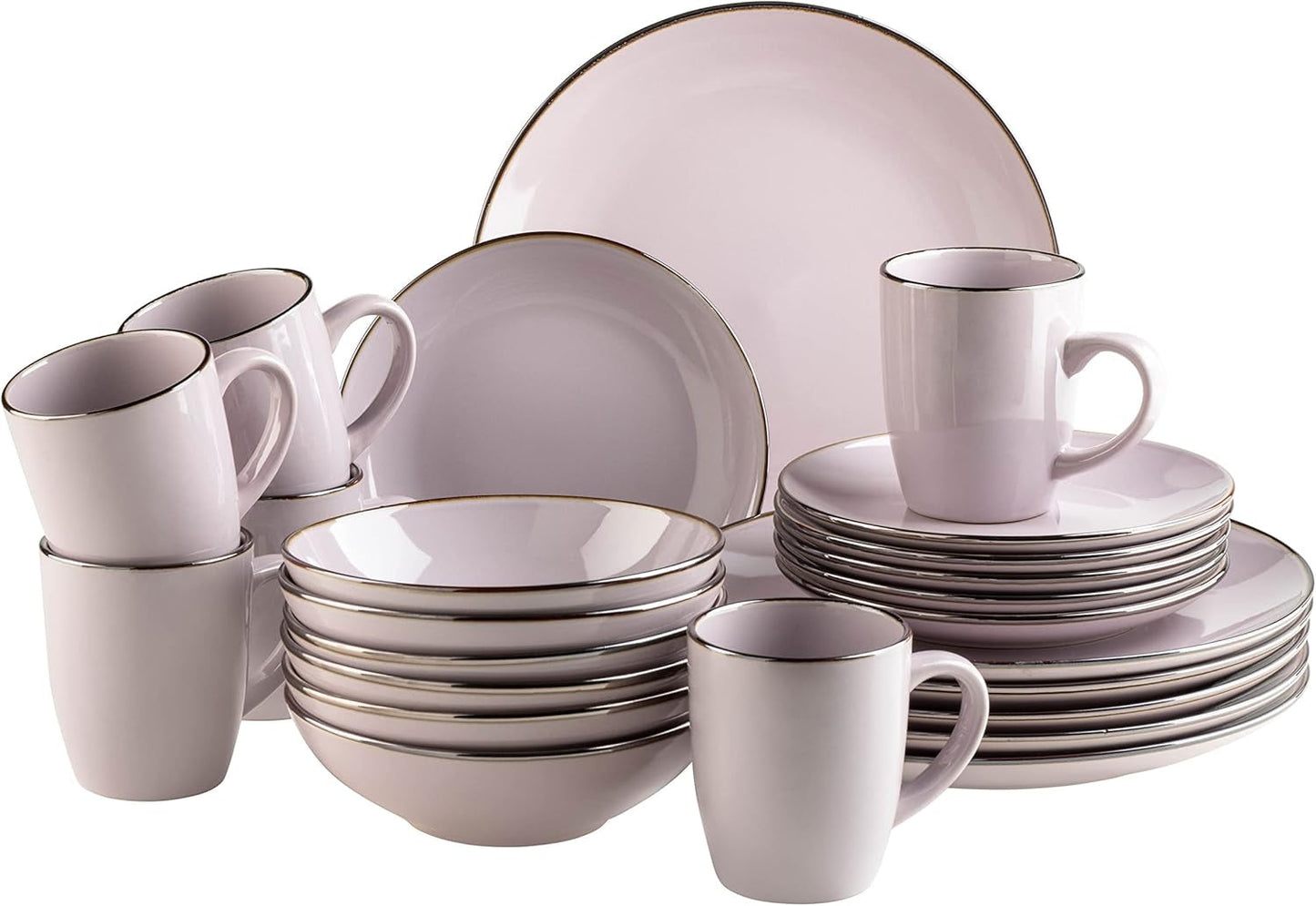 Moderne 6-persoonsserviesset met koperen rand, 24-delig randloos bekervormig combinatieservies, lavendel