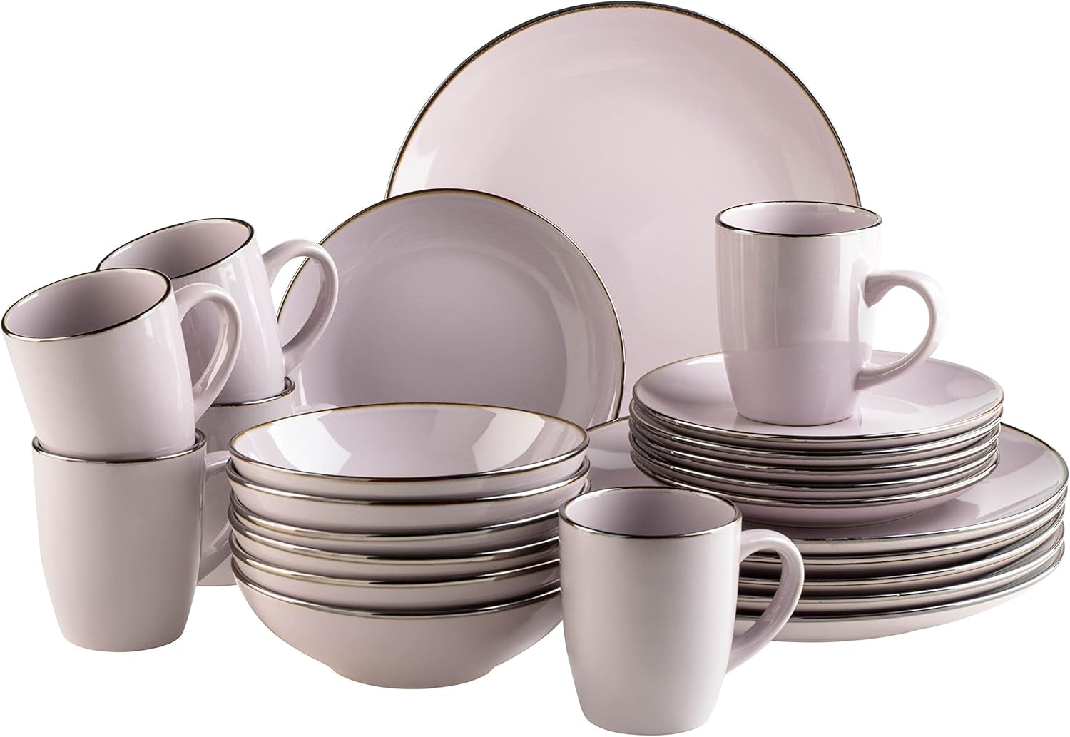 Moderne 6-persoonsserviesset met koperen rand, 24-delig randloos bekervormig combinatieservies, lavendel