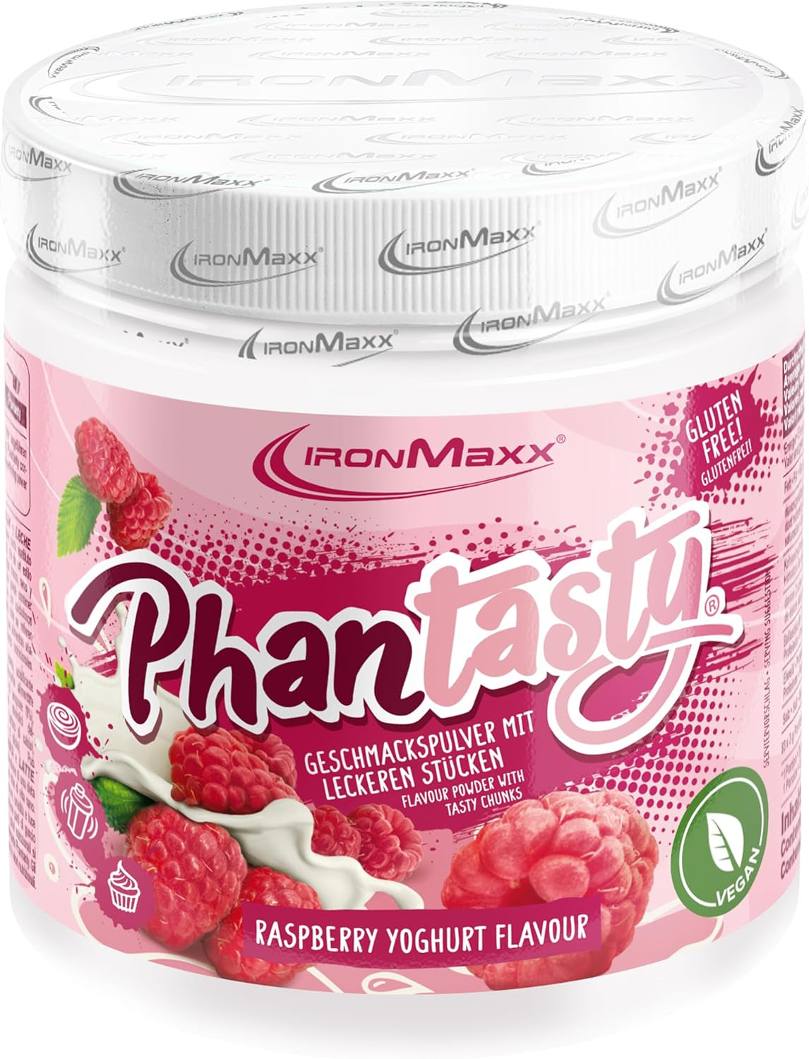 Ironmaxx Phantasty - Romige perzik 250G dosis | Veganistische Geschmackspulver Mit Echten Frucht- Oder Nussstückchen | Perfekter Zuckerersatz Zoetstoffen Naty Shop 250 G (1Er-pakket) Frambozenyoghurt