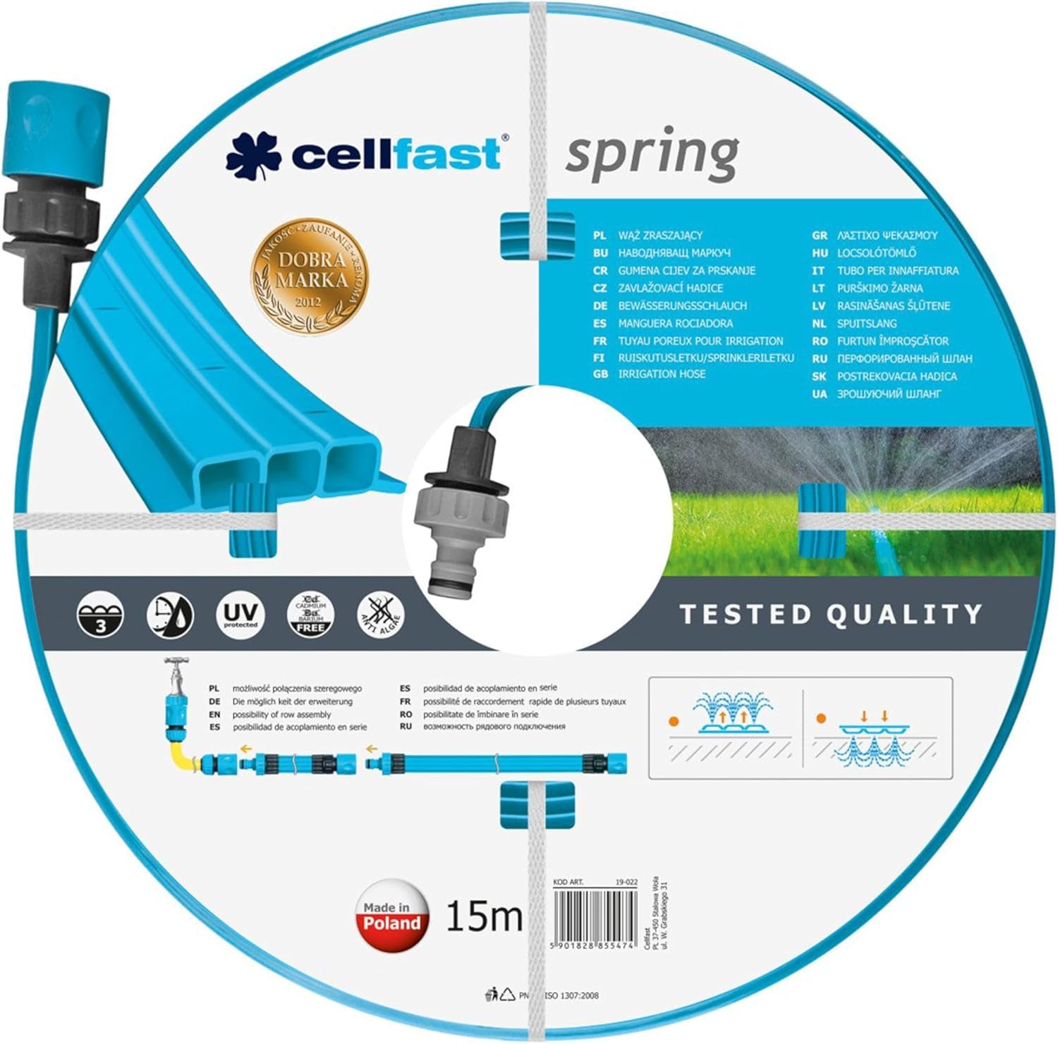 Cellfast SPRING irrigatieslang, driekanaals irrigatieslang met volledige aansluitingen, gemaakt van hoogwaardige draad, UV-bestendig, 15m, 1/2 inch, 19-022, veelkleurig, 38x38x8cm