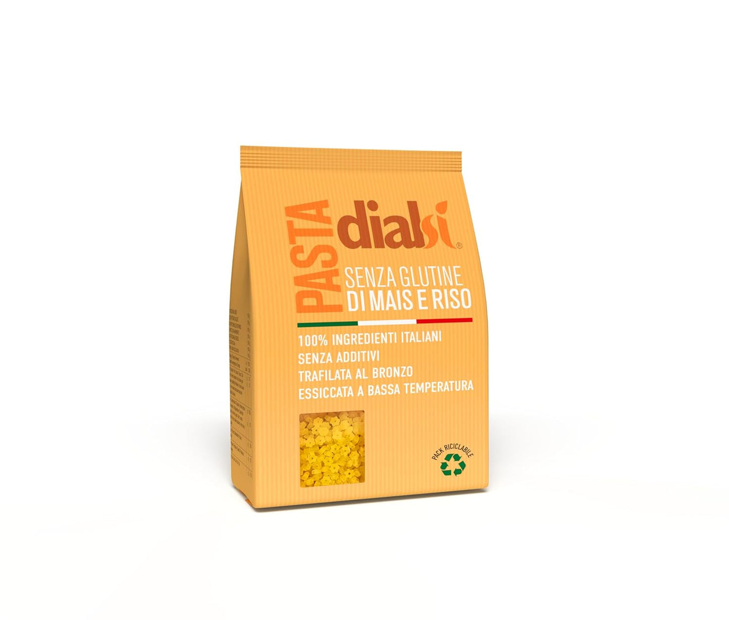 Dialsi stervormige pasta, glutenvrije maïs- en rijstpasta, brons gebakken, 100% Italiaanse ingrediënten, geen toevoegingen, kookt in 8-9 minuten, verpakking van 300 g