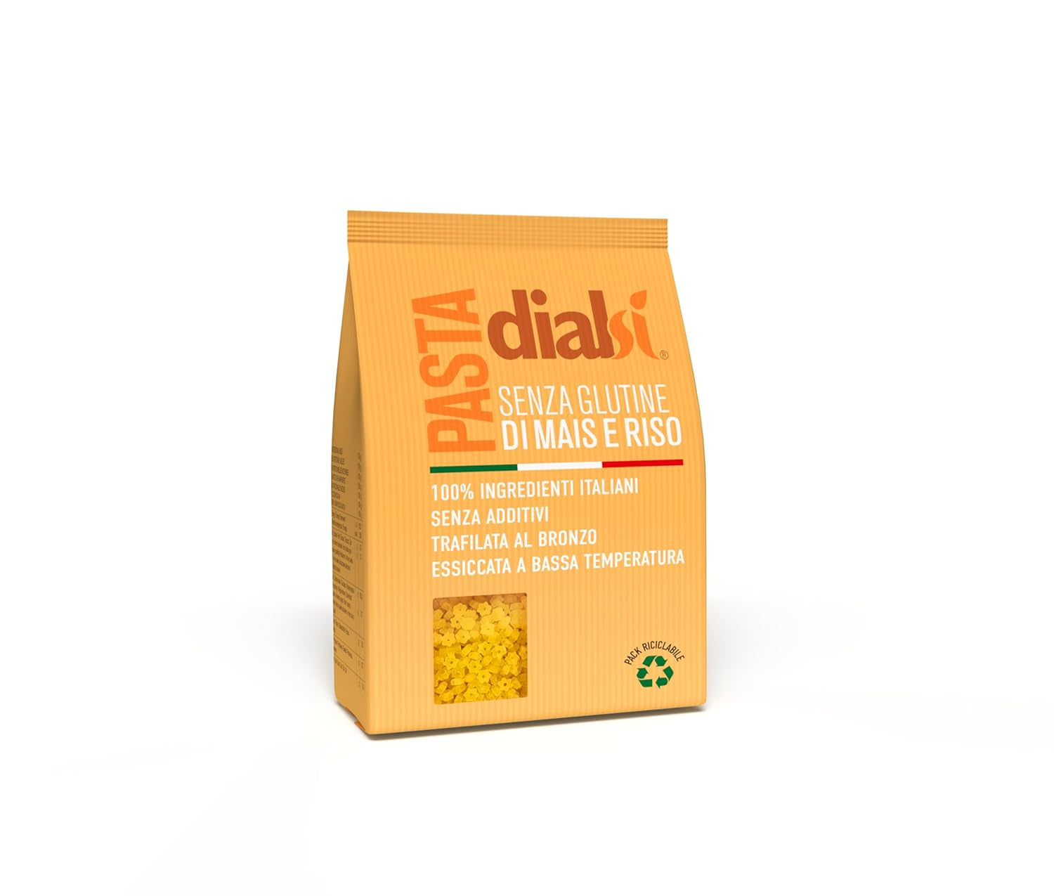 Dialsi stervormige pasta, glutenvrije maïs- en rijstpasta, brons gebakken, 100% Italiaanse ingrediënten, geen toevoegingen, kookt in 8-9 minuten, verpakking van 300 g