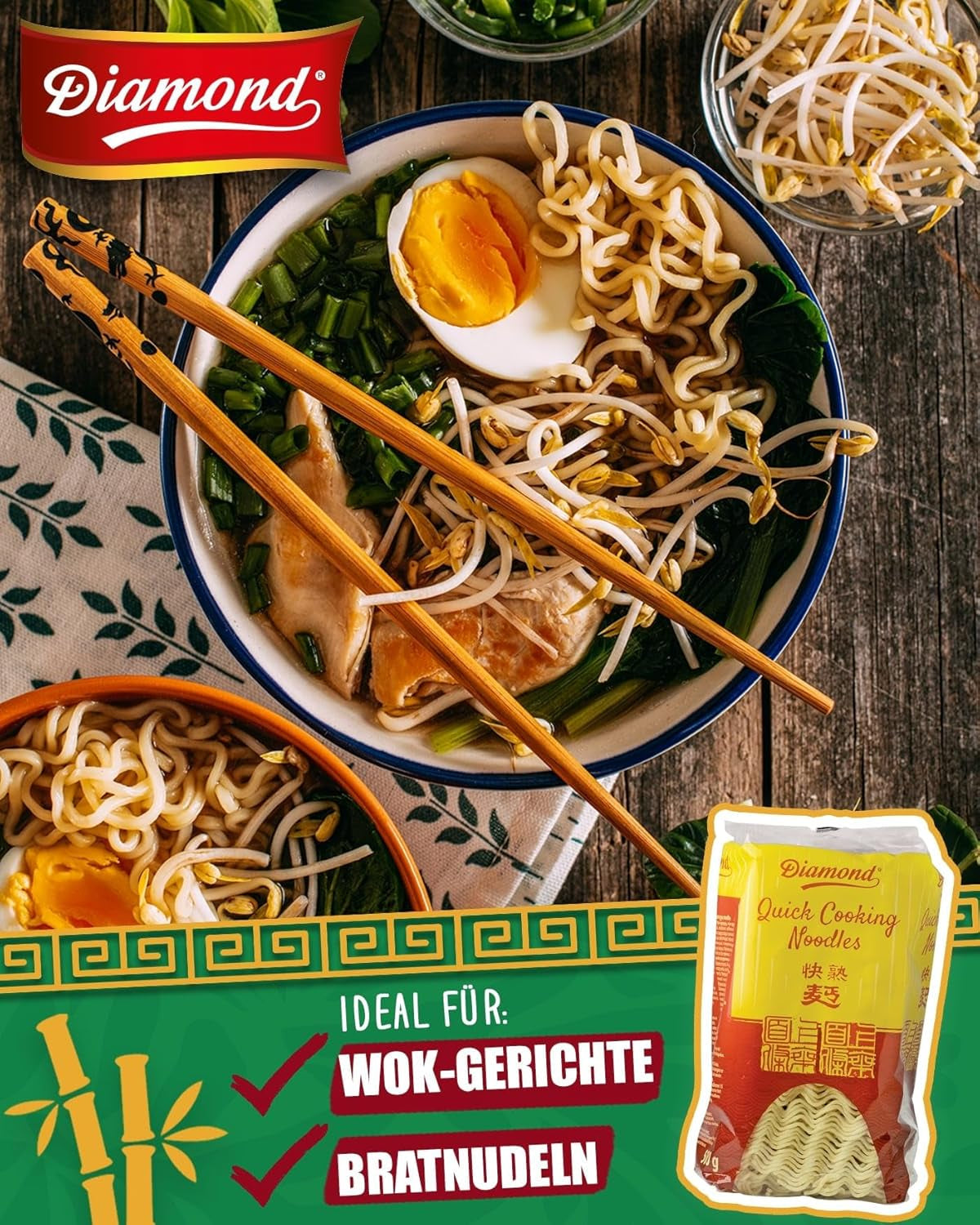 DIAMOND Instant Eiloze Noedels, Instant Tarwemeel Woknoedels & Bijgerechten - 1 x 500g