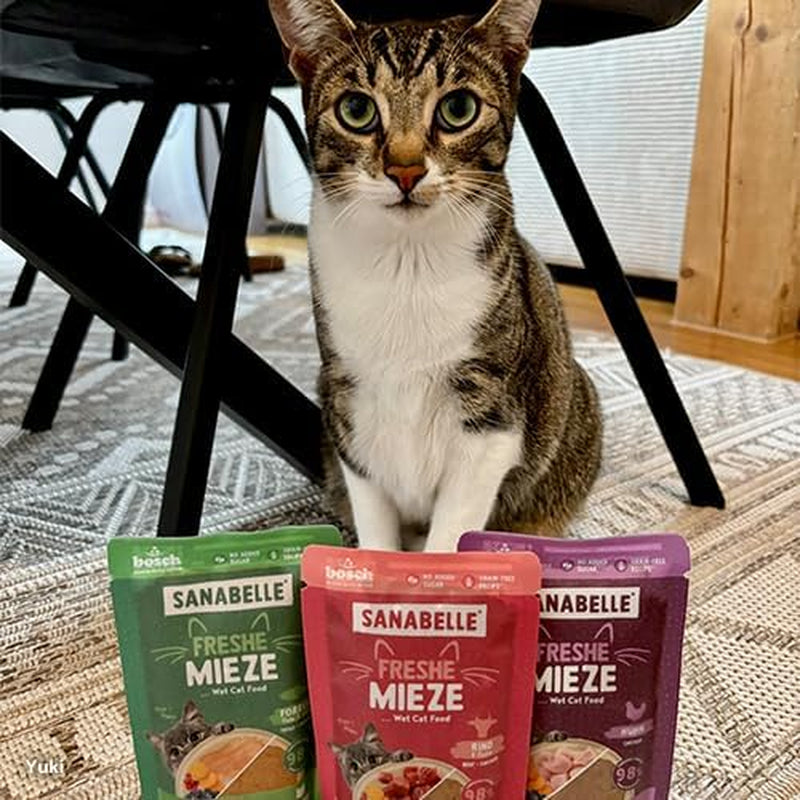 Sanabelle Freshe Mieze - Mixtray | 10 x 100 g Mixverpakking | 4 heerlijke soorten kattenvoer om te proberen | Gestoomd nat kattenvoer, net als vers gekookt