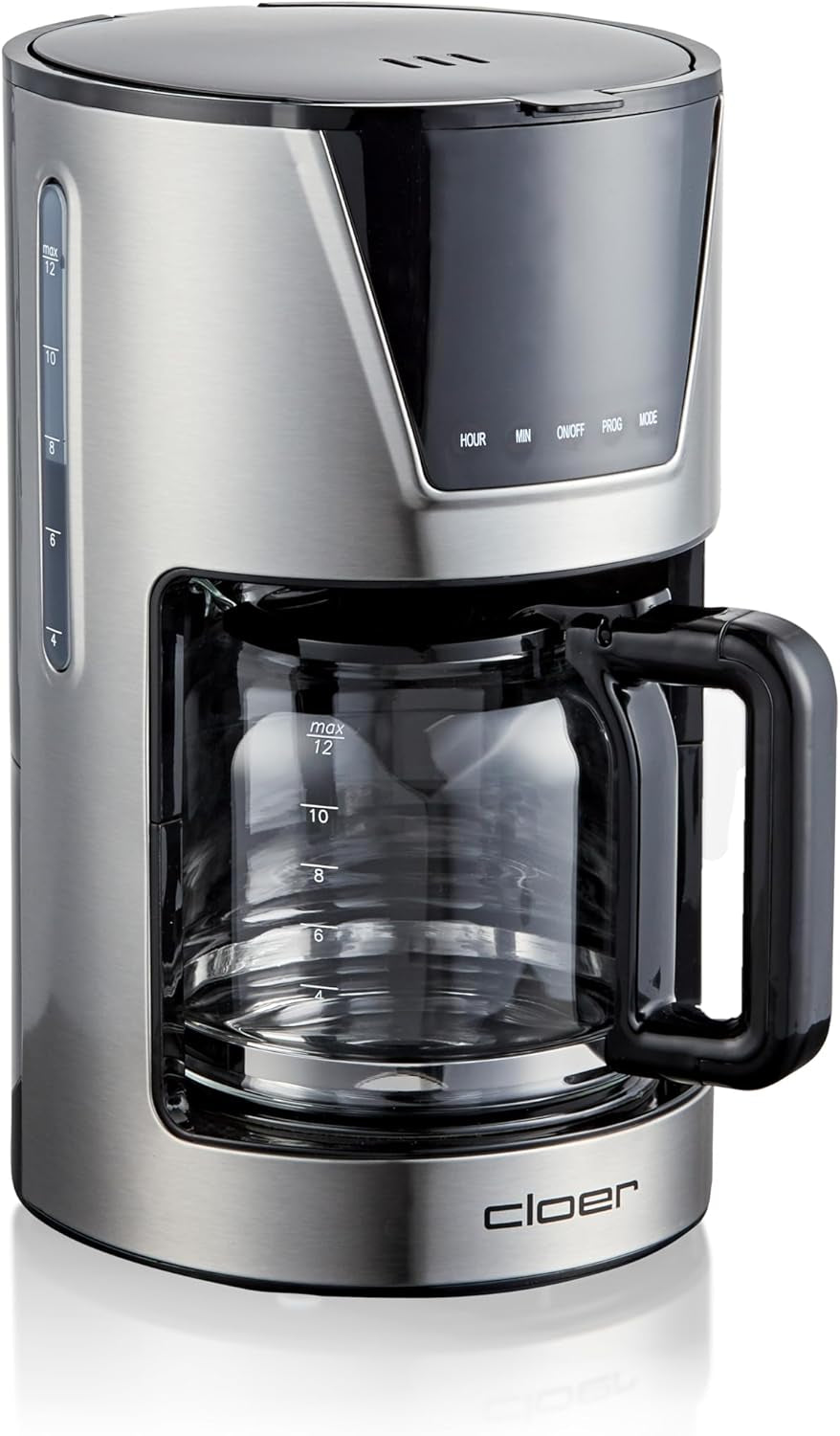Cloer Filter-espressomachine voor 6 kopjes, zachte warmhoudfunctie, glazen karaf, maatlepel, waterniveau-indicator, antidruppelsysteem, automatische uitschakeling, filtermaat 1x2, 550W, roestvrij staal
