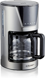 Cloer Filter-espressomachine voor 6 kopjes, zachte warmhoudfunctie, glazen karaf, maatlepel, waterniveau-indicator, antidruppelsysteem, automatische uitschakeling, filtermaat 1x2, 550W, roestvrij staal