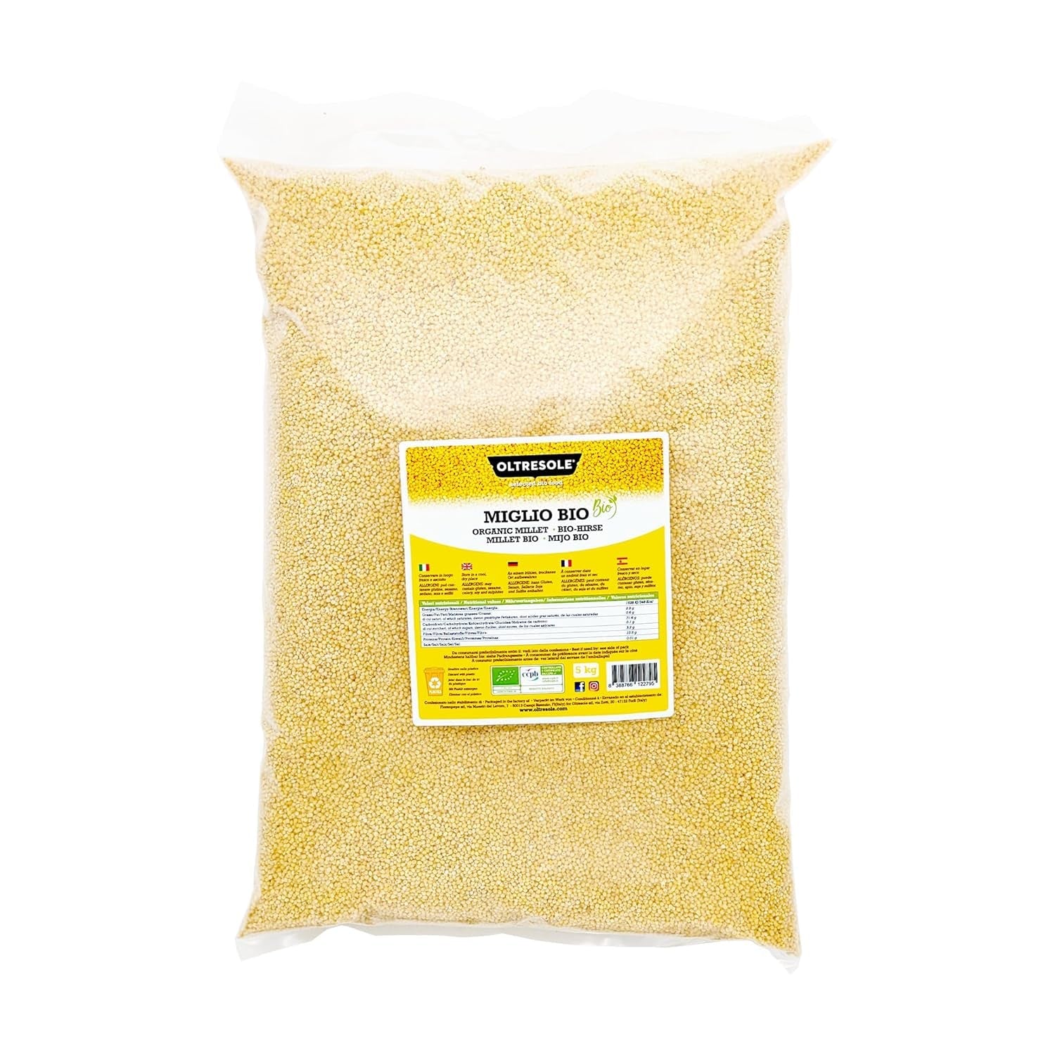 Biologische gierst 1 kg, biologische granen rijk aan vezels en mineralen, gele gierstkorrels voor consumptie, ideaal pakket voor het gezin