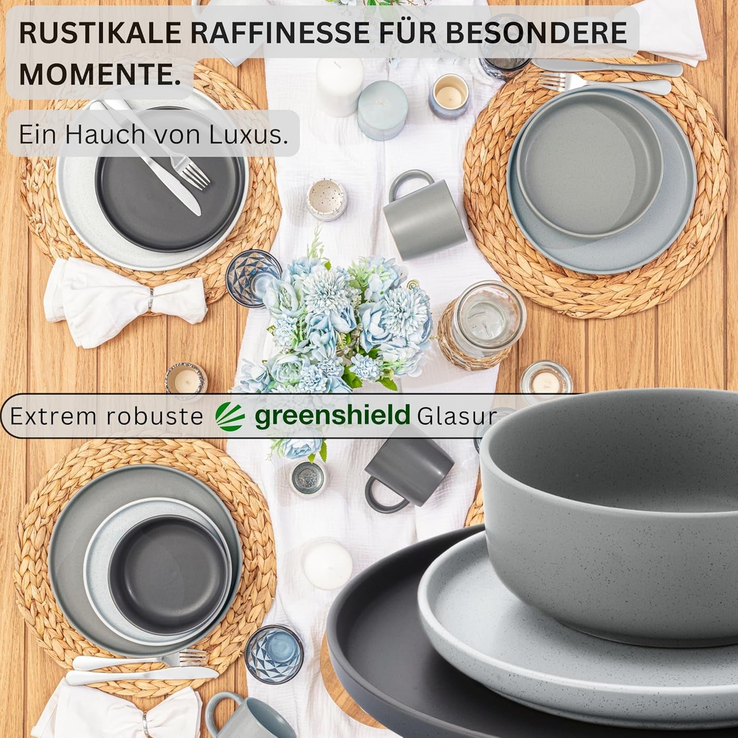 SÄNGER Leeds | 12-delige aardewerken serviesset 4-persoons dinerbordenset (4 dinerborden, 4 dessertborden, 4 kommen), kleurrijk krasbestendig serviesgoed | DE WAARDE-COLLECTIE
