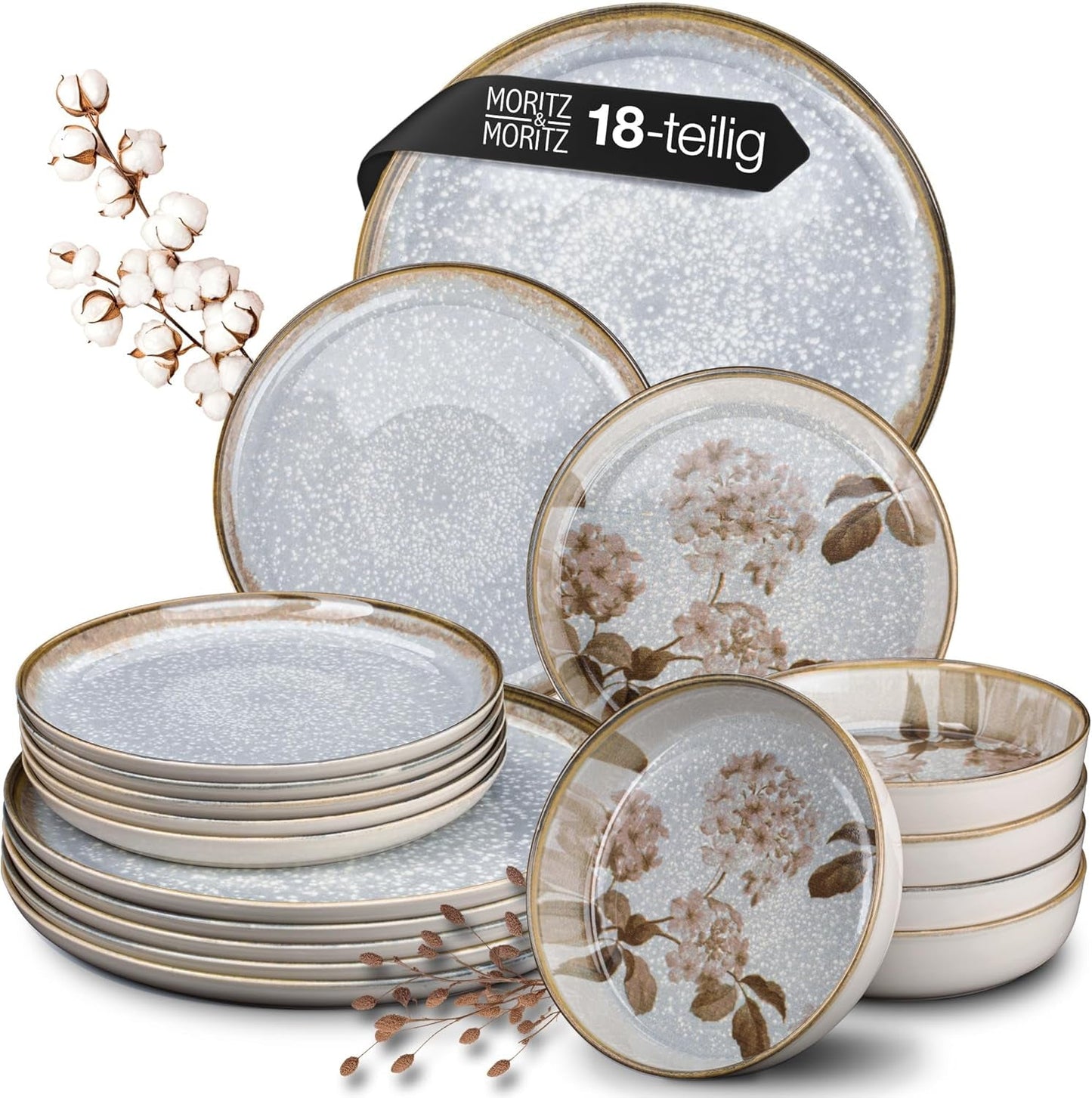 Moritz & Moritz BLOSSOM porseleinen servies voor 6 personen, 18-delig - Modern servies met speels design - Onderhoudsvriendelijk koffieservies met borden en schalen - Gecombineerd servies