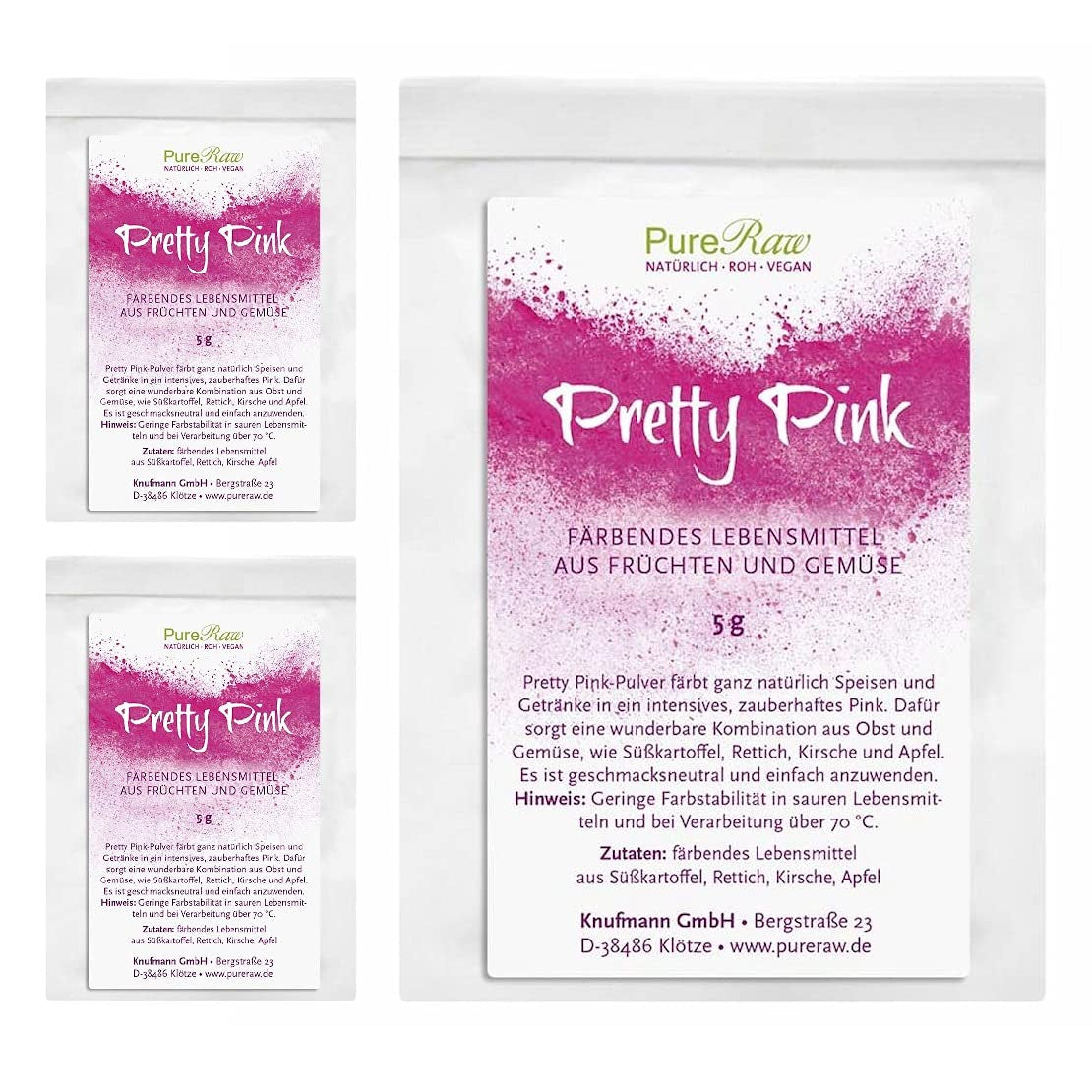 Pretty Pink Natürliche Lebensmittelfarbe Pulver Rosa (Roh Vegan) Pastel Rose Bis Intensiv Rosa-Rot - Essbare kleur voor Lebensmittel Aus Früchten en Gemüse - Natuurlijke kleurstof voor levensmiddelen | Pureraw 5G Naty Shop 5G (3Er-pakket) Roze
