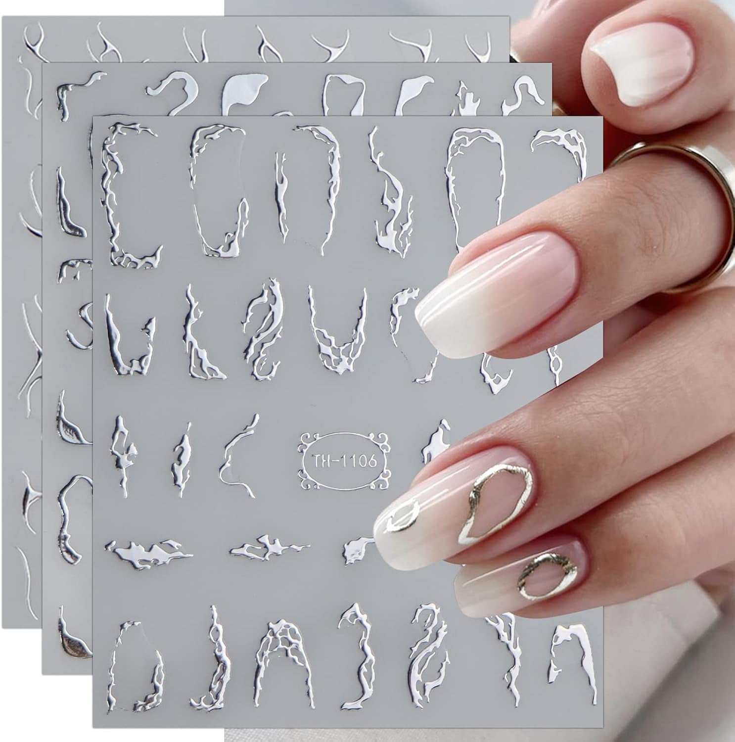 JMEOWIO Nagelsticker Marmor Linie 9 Blatt Nail Art Sticker Selbstklebend Nagelaufkleber Silver Bunt Decoratie Nageldesign Zubehör