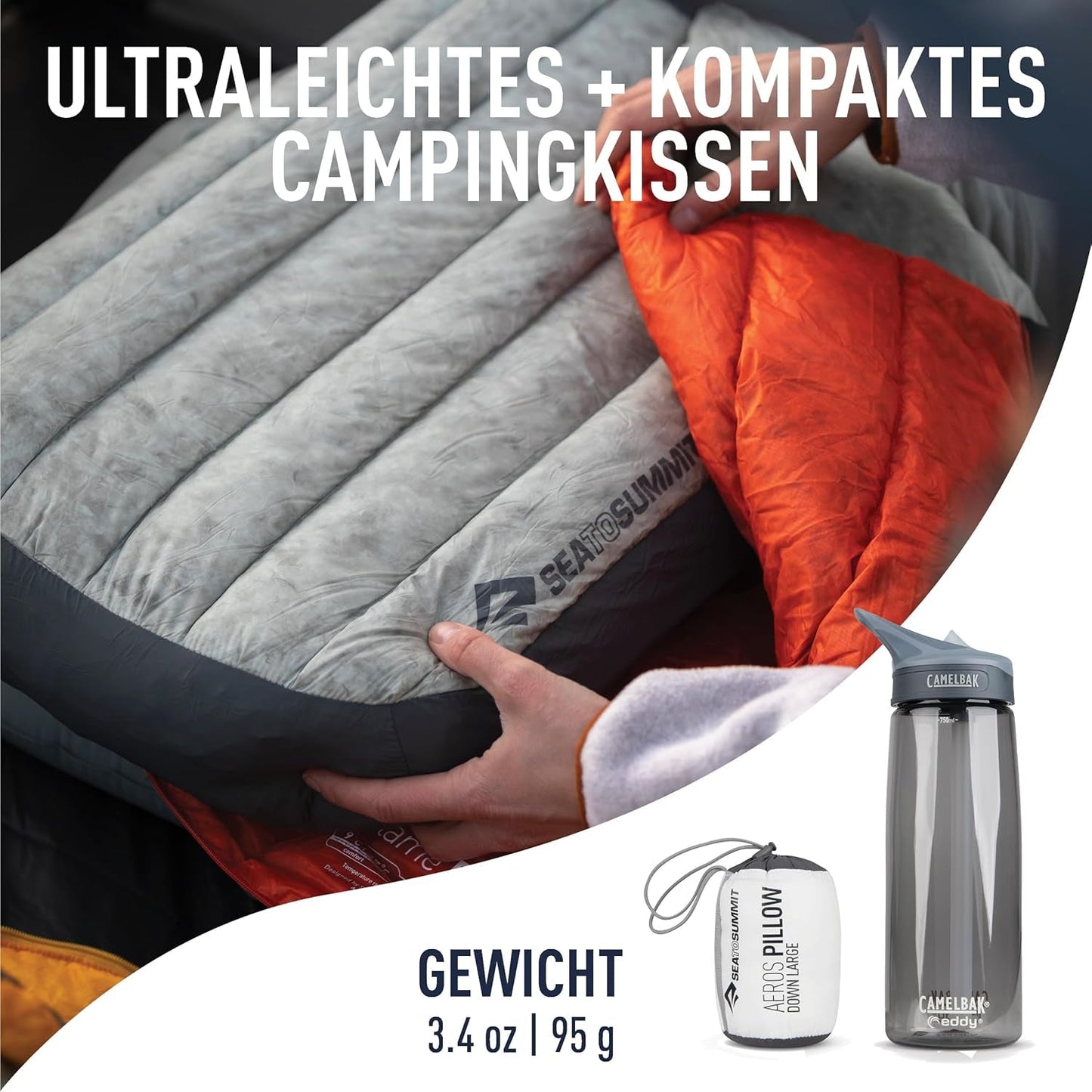 Sea to Summit - Eros Down Reiskussen L - Ultralicht en opblaasbaar - 10D materiaal - Premium donzen kussen - Antislip - Voor wandelen en kamperen - 42 X 28 X 12 Cm - Grijs - 95 G Naty Shop Reiskussens