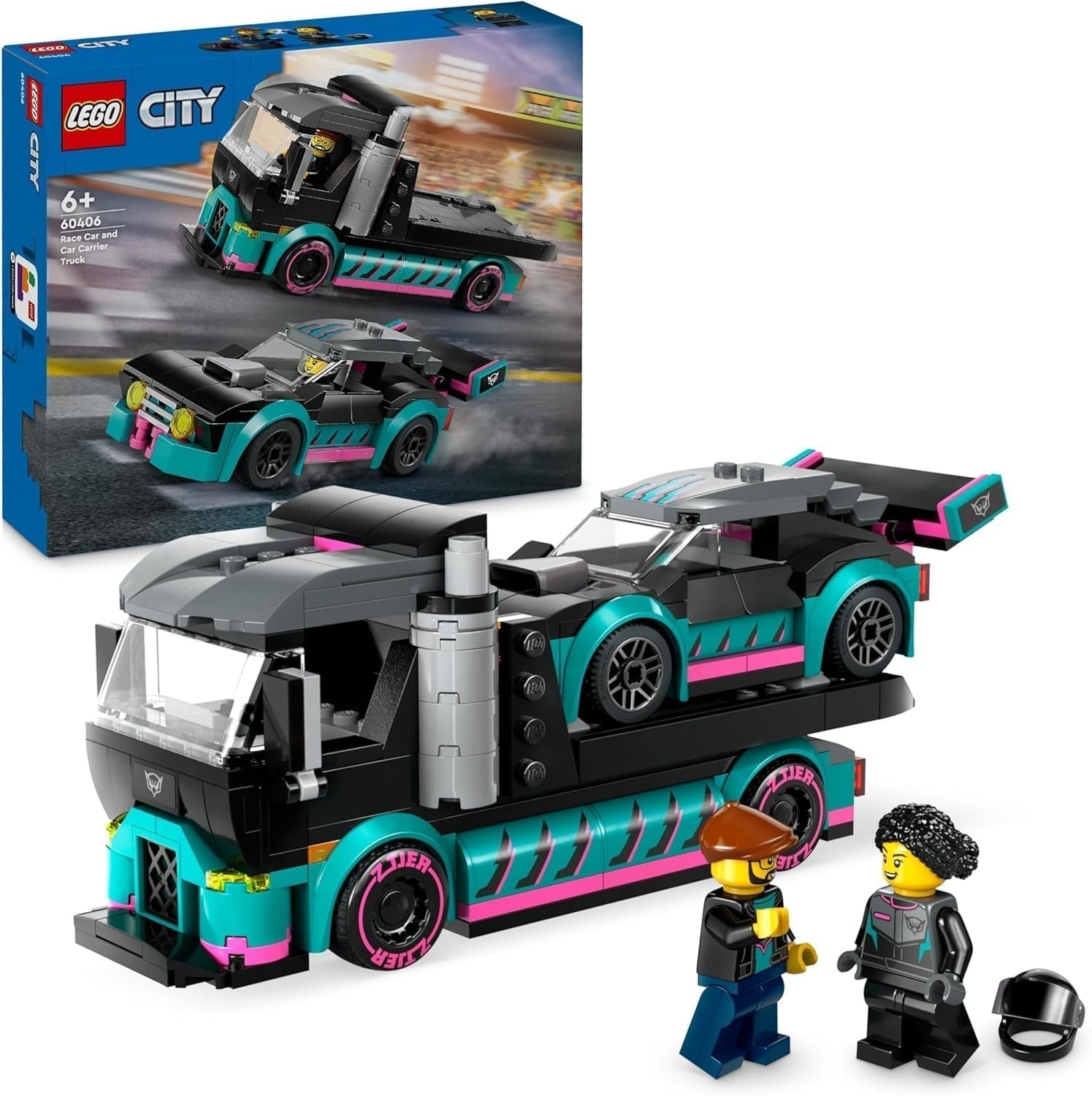 LEGO City Autotransporter met raceauto, speelgoedtruck met verstelbare laadklep en raceauto, bouwset met 2 minifiguren, coureur en vrachtwagenchauffeur, voor kinderen vanaf 6 jaar 60406 Bouwsets Besuche den LEGO-Store Single