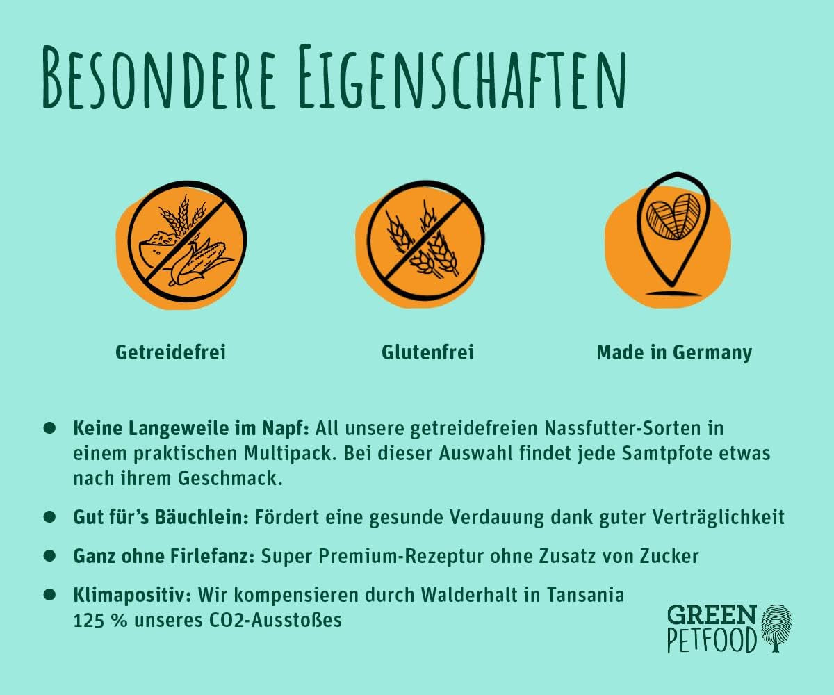 Groene Dierenvoeding FairCat Multipack (6 x 85 g) | Volwassene | Premium natvoer voor volwassen katten 6 verschiedenen leckere Sorten im Multipack | getreidefrei | Katzenfutter nass | 6 pakjes