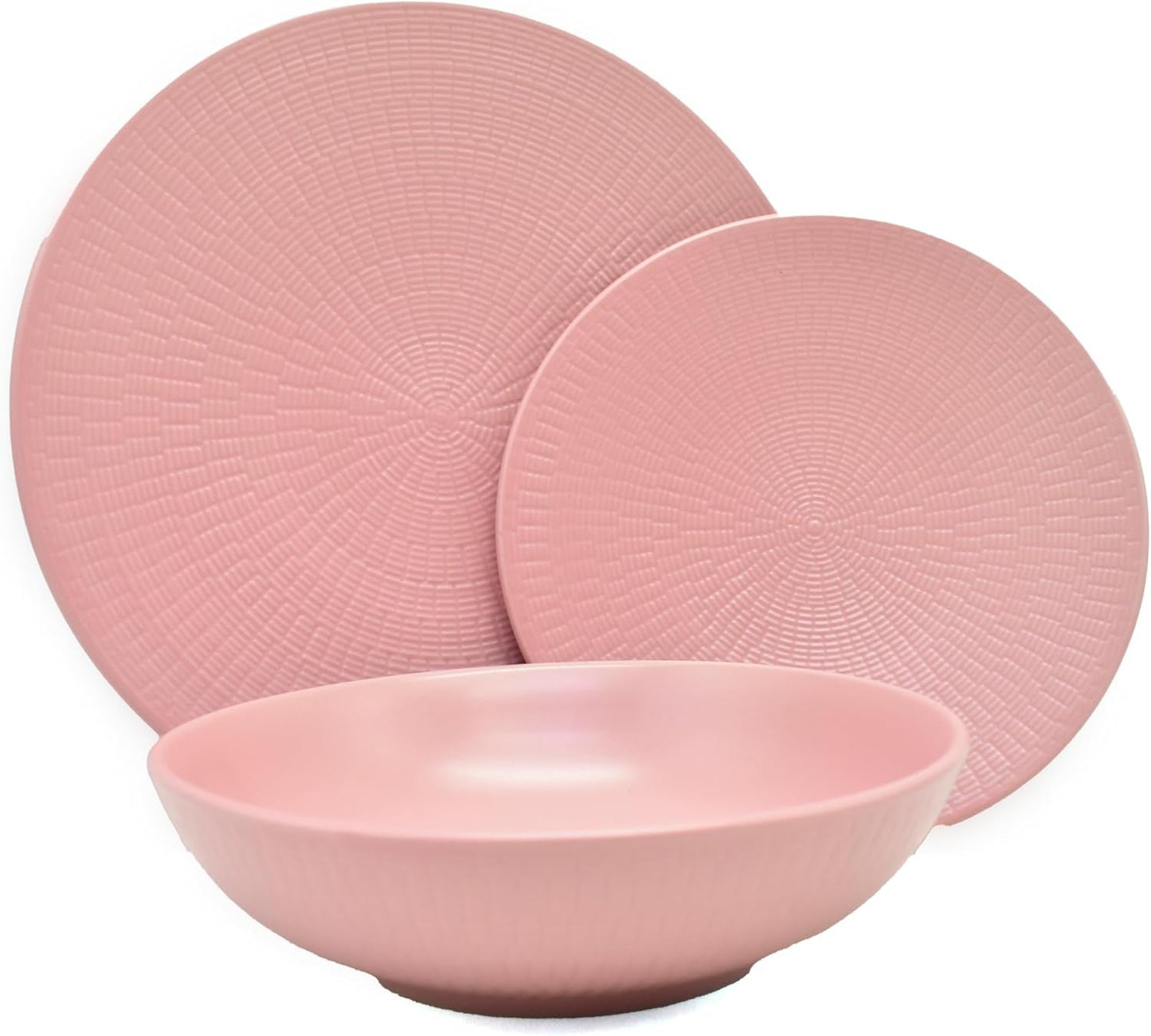 ECHTWERK Vintage serviesset 12-delig natuurlijk design "Blanka" 4-persoons elegant getextureerd steengoed serviesset met 4 dinerborden 4 zijborden 4 dinerborden roze