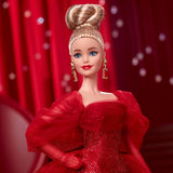 Barbie kenmerkende pop Mattel-verzamelfiguur voor 80-jarig jubileum in sprankelende rode tule-jurk met druppelvormige oorbellen en fijne handschoenen blond haar JBJ17
