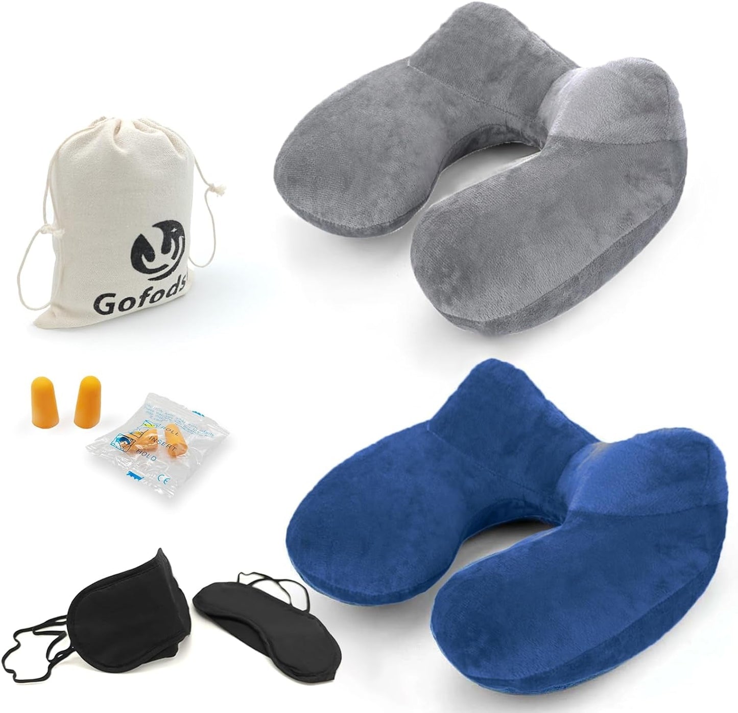 Gofodsil Opblaasbaar nekkussen voor vliegtuigen Campingtreinen en auto's met oordopjes Draagbaar reiskussen Opblaasbaar nekkussen voor vliegtuigen Set van 2 Cervicale orthopedische kussens Naty Shop Standaardtitel