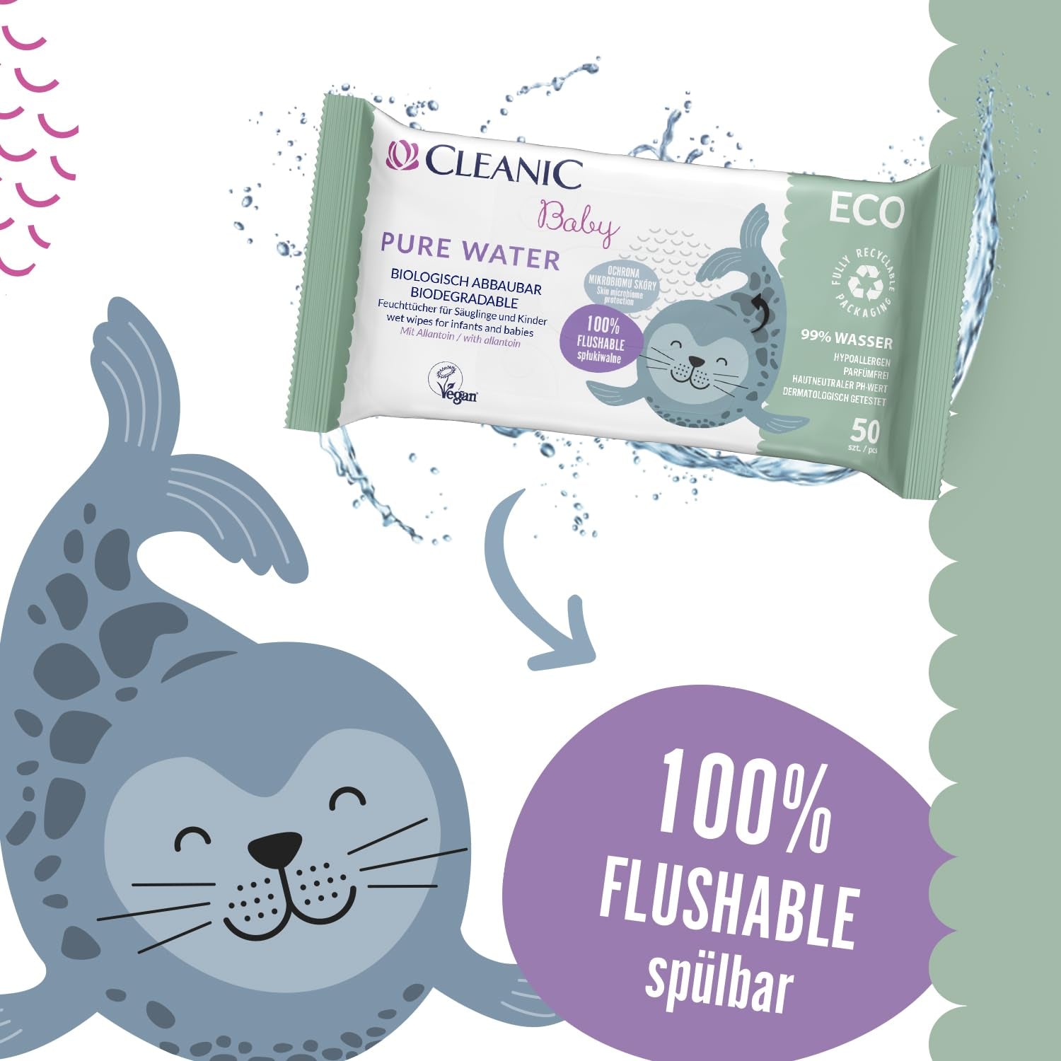 Cleanic Baby Eco Pure Water Vochtige Doekjes – (1 x 50 st.) Vochtige doekjes voor kinderen en zuigelingen – geurvrij, doorspoelbaar, gevoelige huid – 50 st.