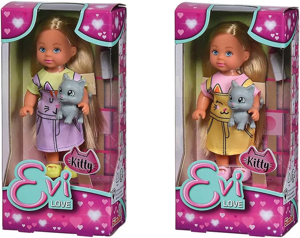 Simba 105733591 - Evi Love Kitty 2 manieren komen overeen Slechts ÉÉN item wordt verzonden pop in schattige kattenjurk met kittens en drinkfles 12 cm speelpop vanaf 3 jaar