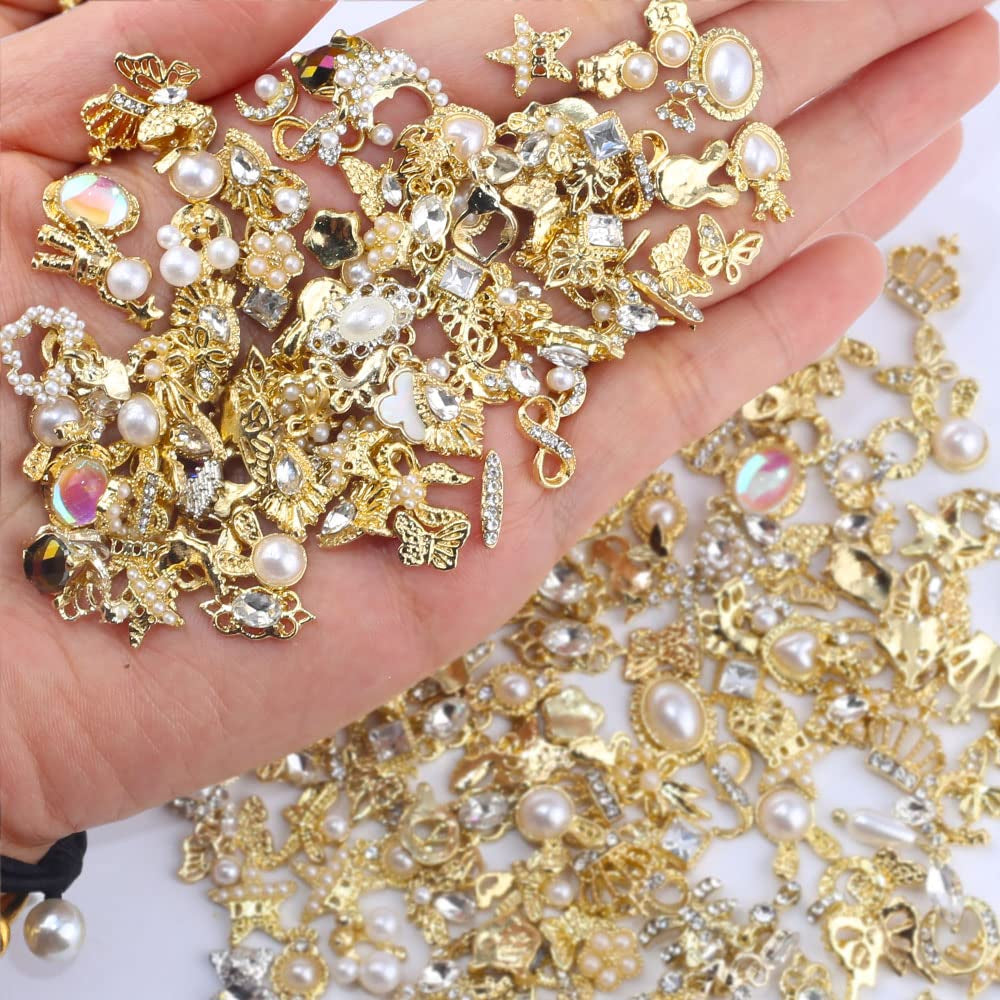 50 Stück Gold Nail Charms,Mix Styles Glitzersteine ​​​​Nägel Perle Legierung Nagel Steine ​​​​Blume Schmetterling Strasssteine ​​​​Nägel Herz Stern Nagel Charms DIY Nail Art Zubehör Frauen Nägel Deko