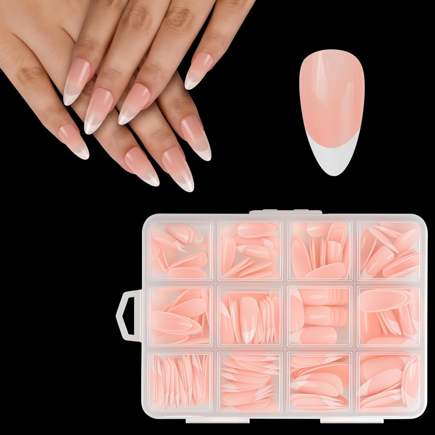 240-delige set valse nageltips, French Press op kunstnagels, pers op Franse nagels, 12 maten, nepnagels met lijm voor dames en heren (naakt wit medium amandel)