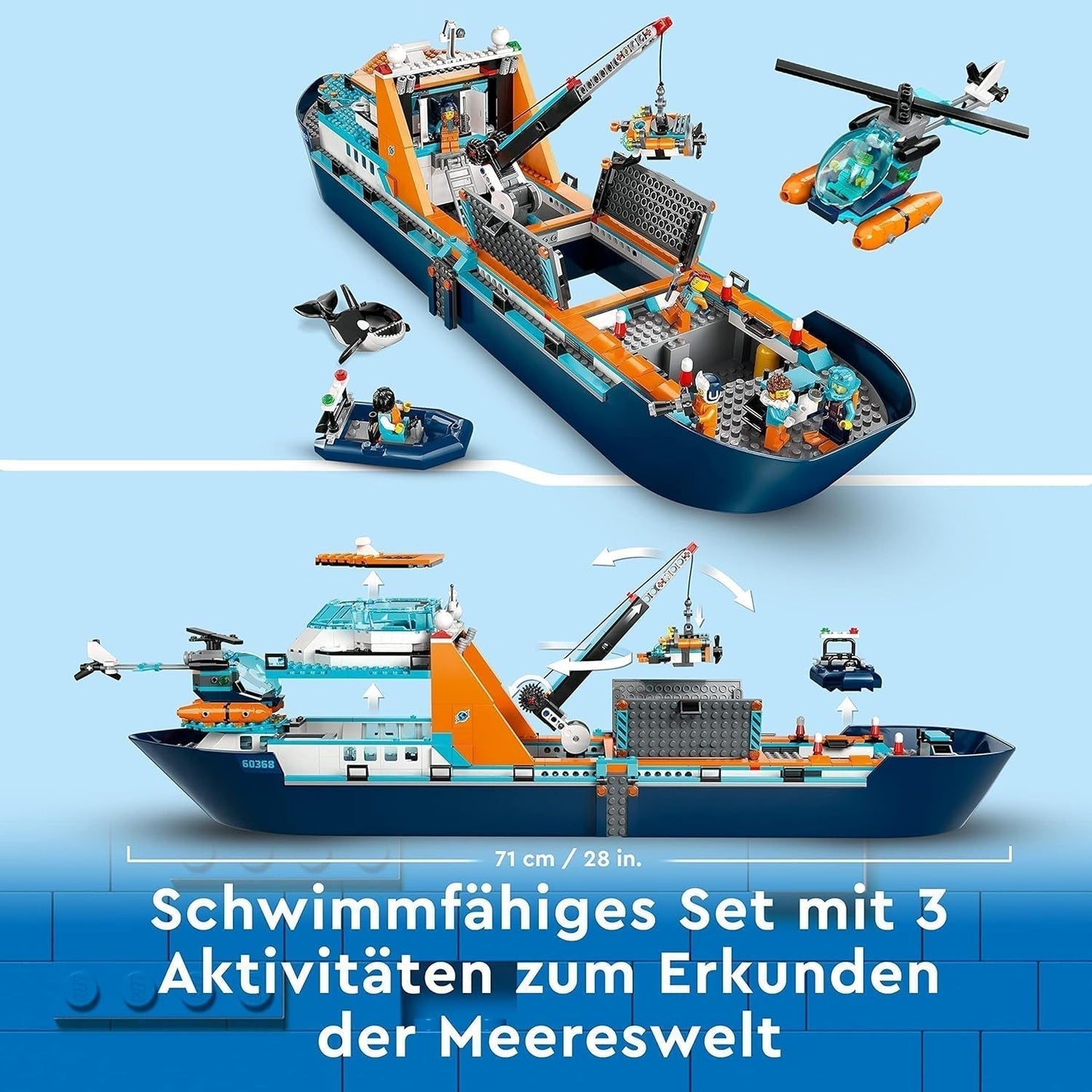 LEGO City Poolonderzoeksschip, grote drijvende speelgoedboot met helikopter, opblaasbare boot, Rov-onderzeeër, Vikingwrak, 7 minifiguren en orkafiguur, cadeau voor kinderen vanaf 7 jaar 60368 Bouwsets Besuche in LEGO-Store