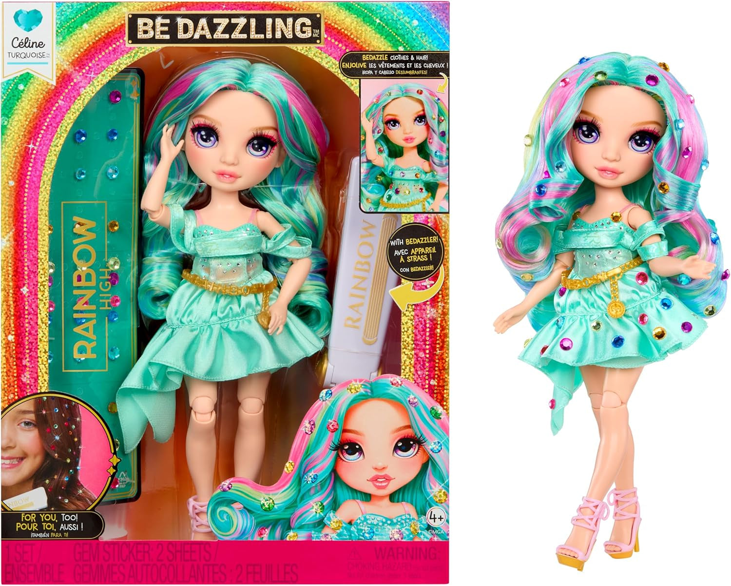 Rainbow High Be Dazzling Modepop - Celine Turquoise - Blauwgroen, 28 cm, met decoratietool, fonkelende edelstenen en stylingaccessoires
