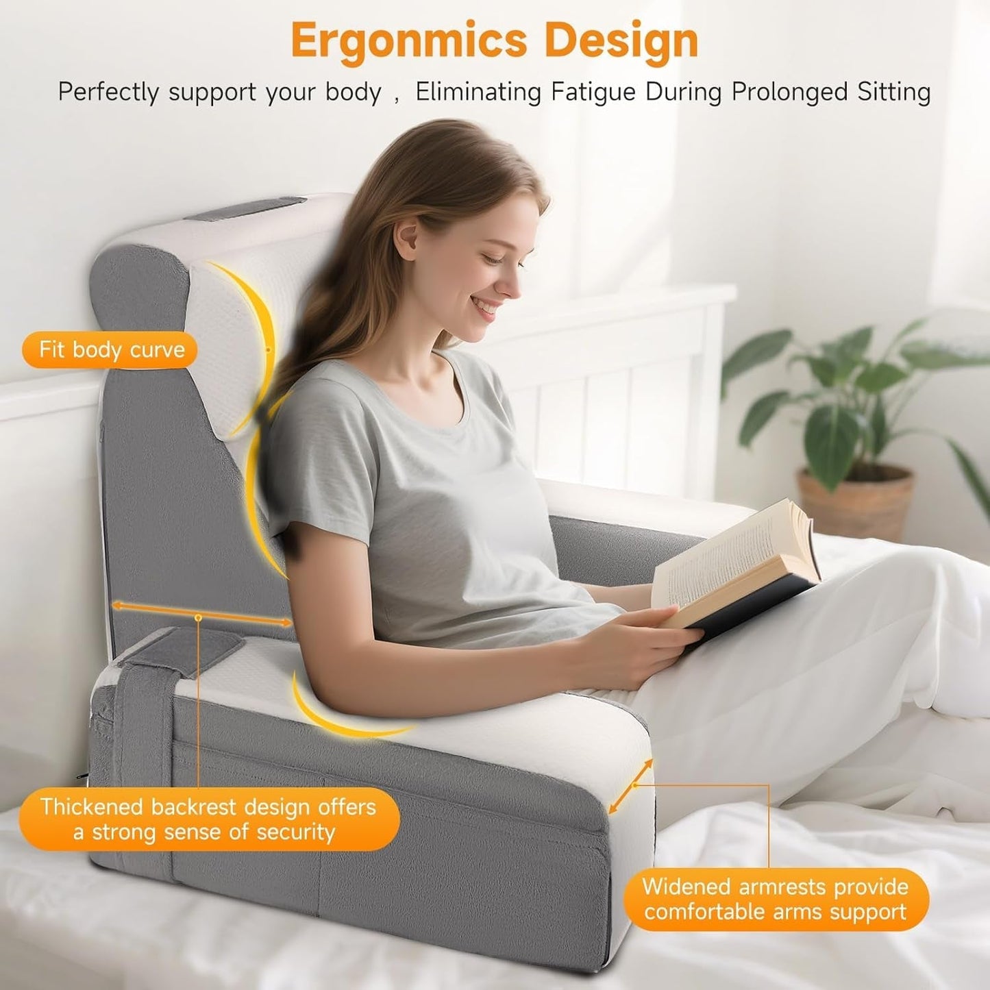 Groot leeskussen met afneembare neksteun en armleuningen, rugkussen voor bed, ergonomisch rugkussen met arm, zak en wasbare hoes voor lezen en tv kijken.