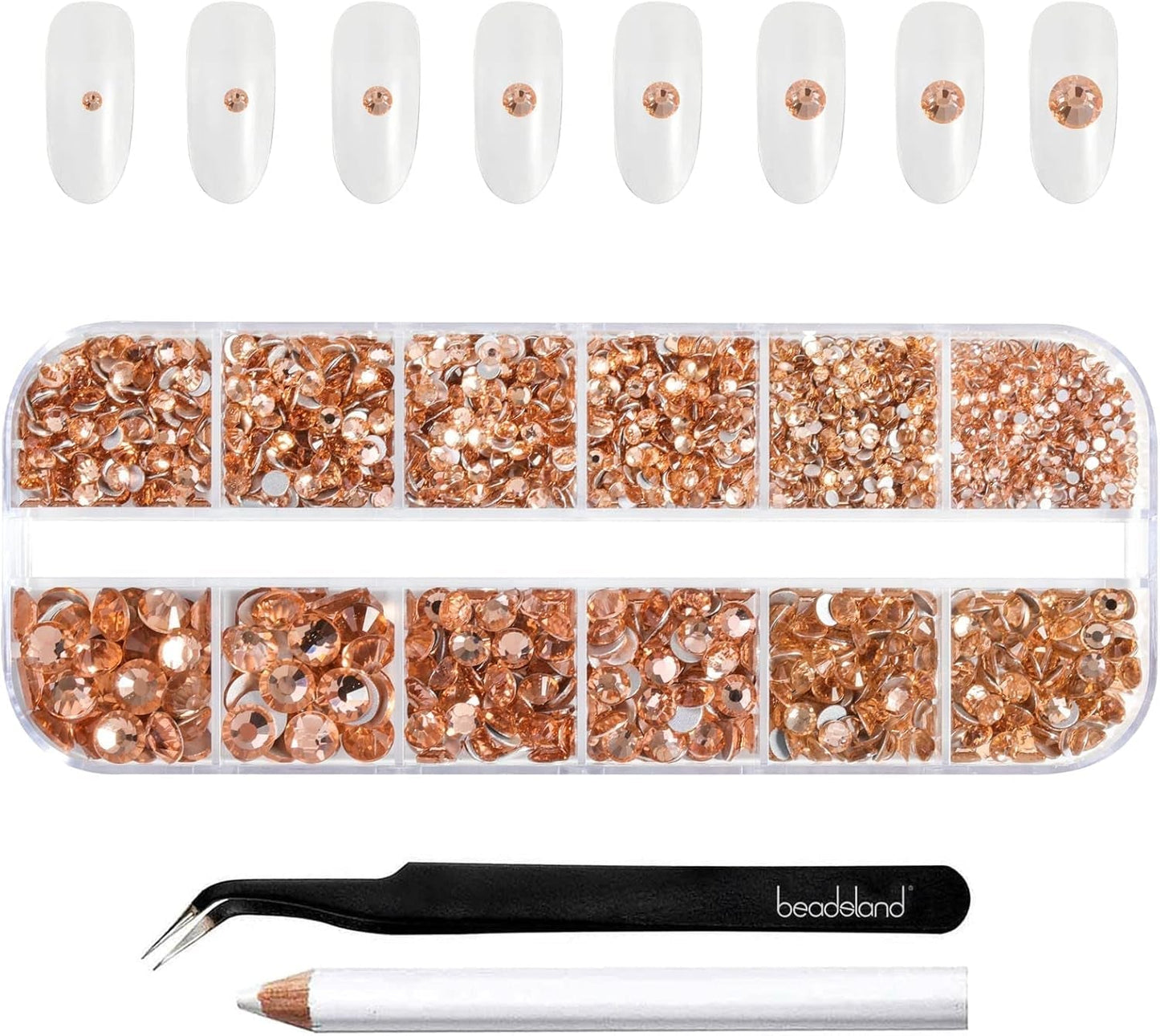 Beadsland 2500 stuks glas Nailart Strasssteine ​​Kristall Flatback Edelsteine ​​Runde, voor handwerk Gemischt 8 Größen SS4 ~ SS30 Mit Picking Pinzette en Stift (Kristall Weiss)