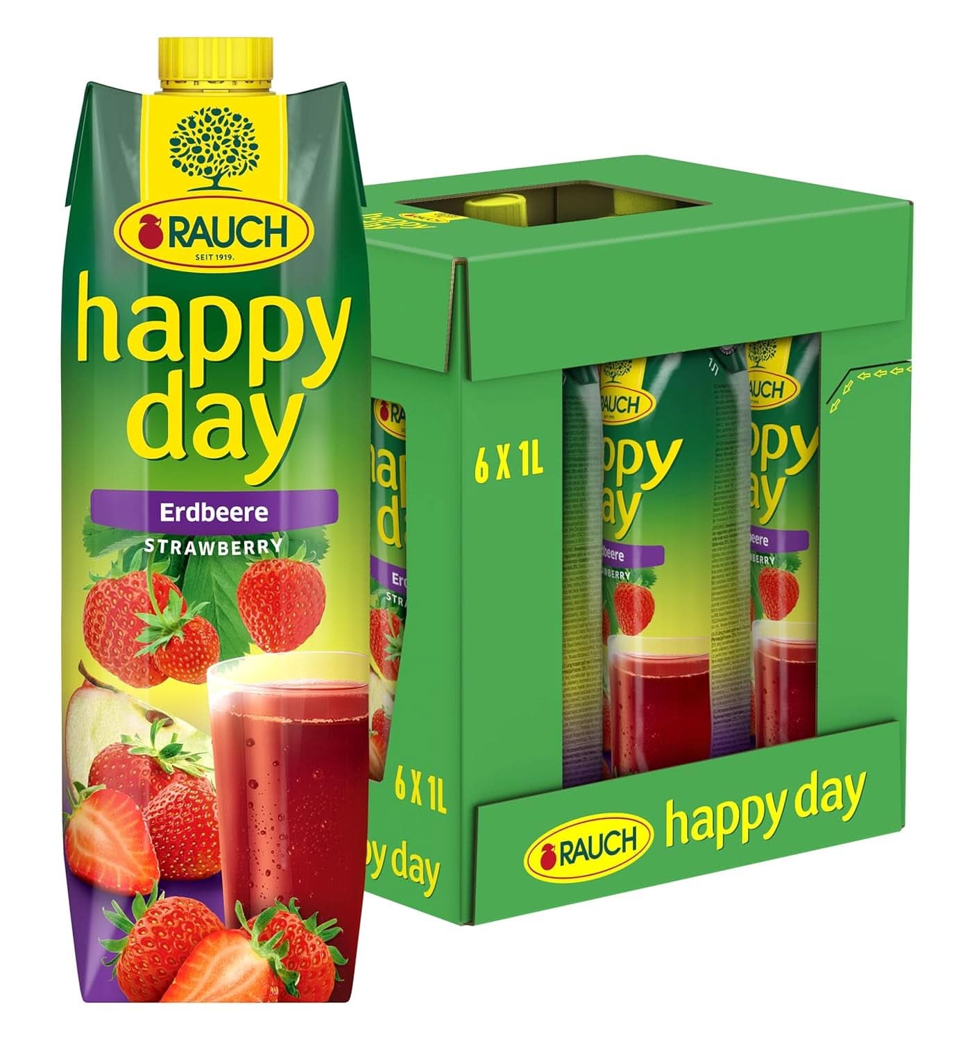 Rauch Happy Day Aardbei | Intense aardbeiensmaak | Verfijnd met appels en citroen | 6X 1 liter, Tetra Prisma Alcoholvrije dranken Naty Shop