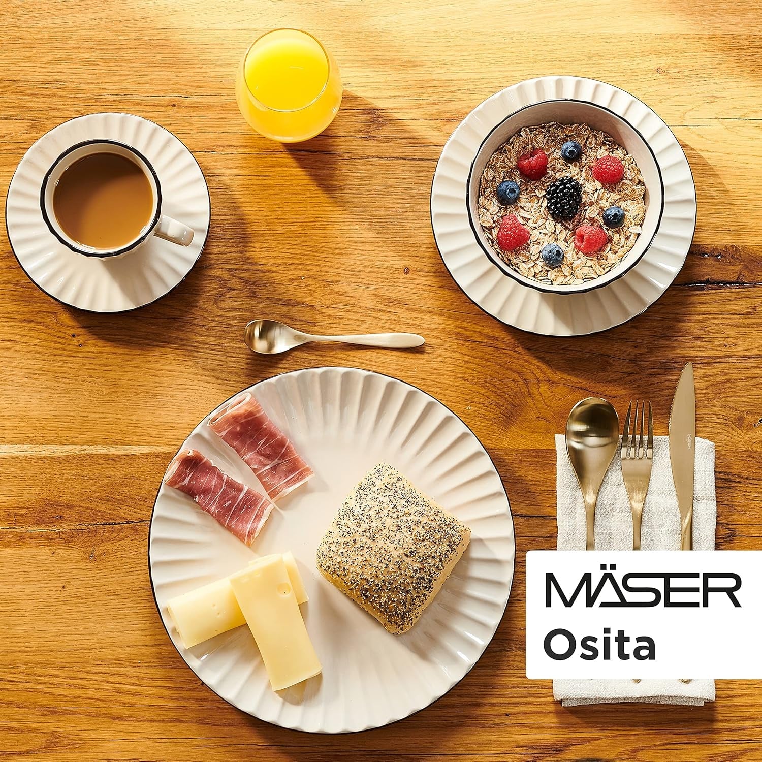 MÄSER 931967 Osita Retro-serie 6-persoons Wave-serviesset, 18-delige ronde serviesset, dinerborden, dessertborden en mueslischalen, keramiek, romig wit