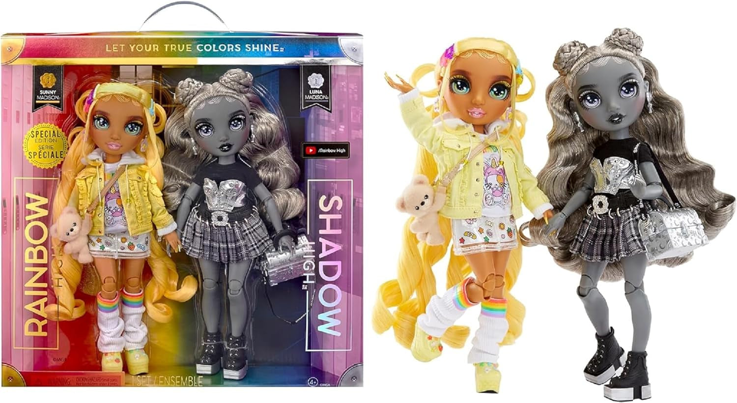 Special Edition Rainbow High Shadow High - Madison Twins Sunny en Luna - 2 modepoppen in gele en grijze designeroutfits, mix & match met accessoires - voor verzamelaars en kinderen van 4-12 jaar