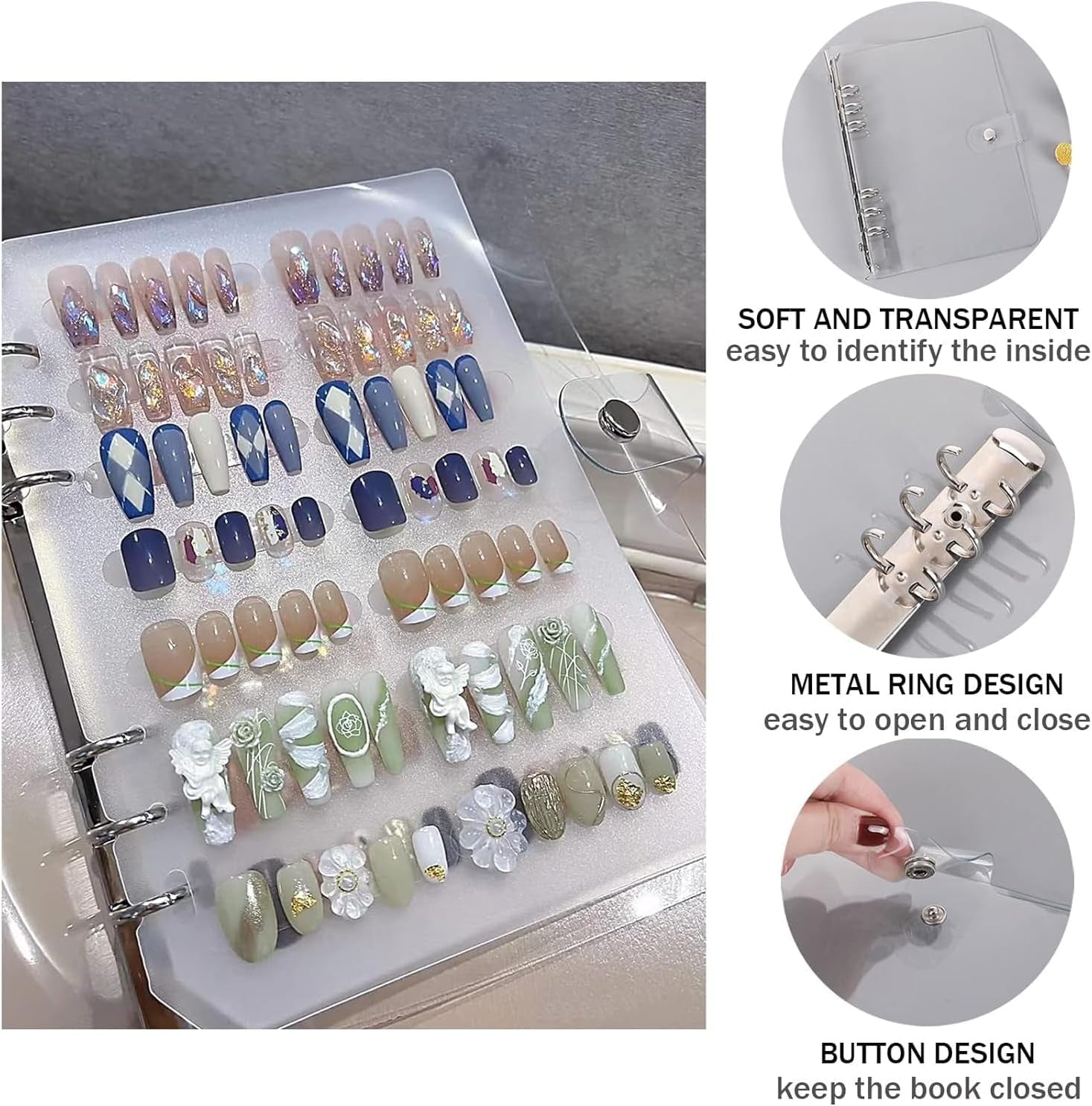 A5 nagelorganizerset met nietjessluiting en verwijderbare vellen - Stevige doorzichtige doos + 6 zelfklevende pads en afneembaar kunst-/klevend nagelopbergboek - Ideaal voor opslag, presentatie