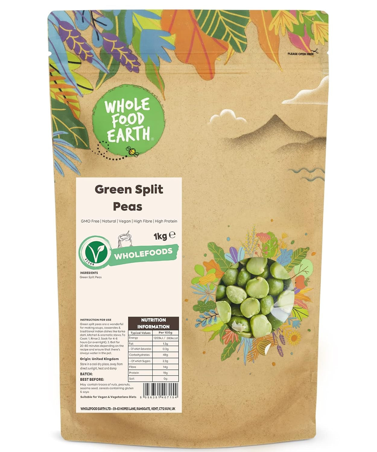 Wholefood Earth Biologische gespleten groene erwten - 1 kg