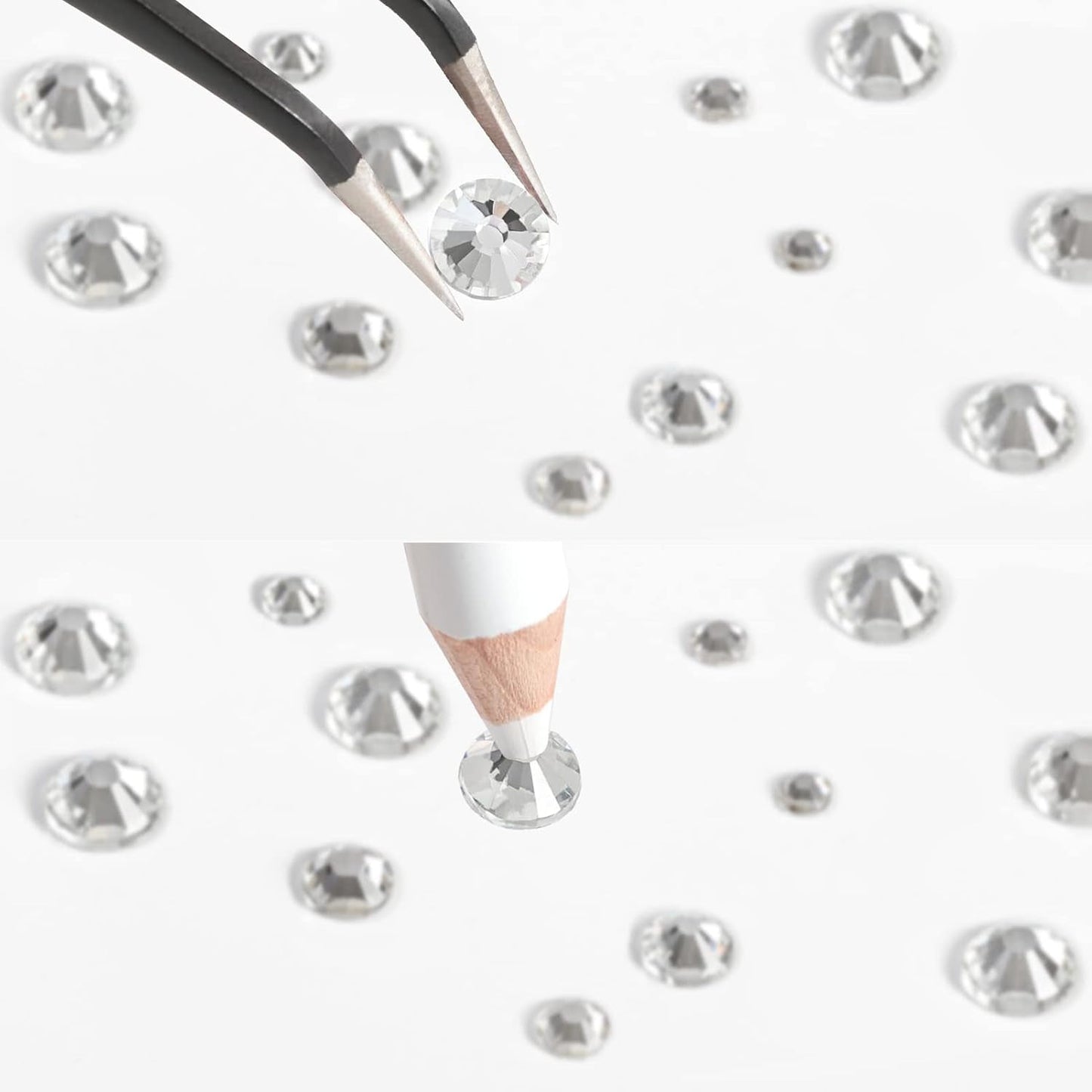 Beadsland 2500 stuks glas Nailart Strasssteine ​​Kristall Flatback Edelsteine ​​Runde, voor handwerk Gemischt 8 Größen SS4 ~ SS30 Mit Picking Pinzette en Stift (Kristall Weiss)