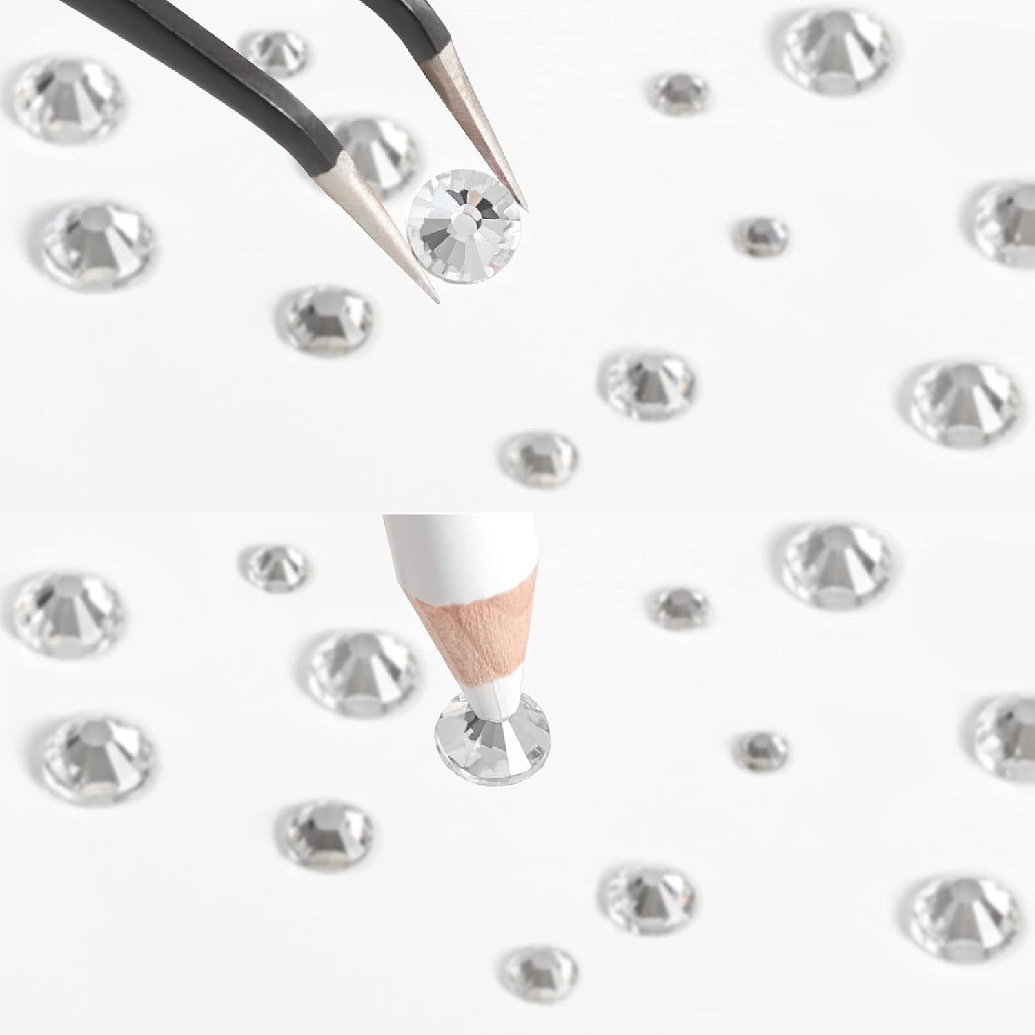 Beadsland 2500 stuks glas Nailart Strasssteine ​​Kristall Flatback Edelsteine ​​Runde, voor handwerk Gemischt 8 Größen SS4 ~ SS30 Mit Picking Pinzette en Stift (Kristall Weiss)