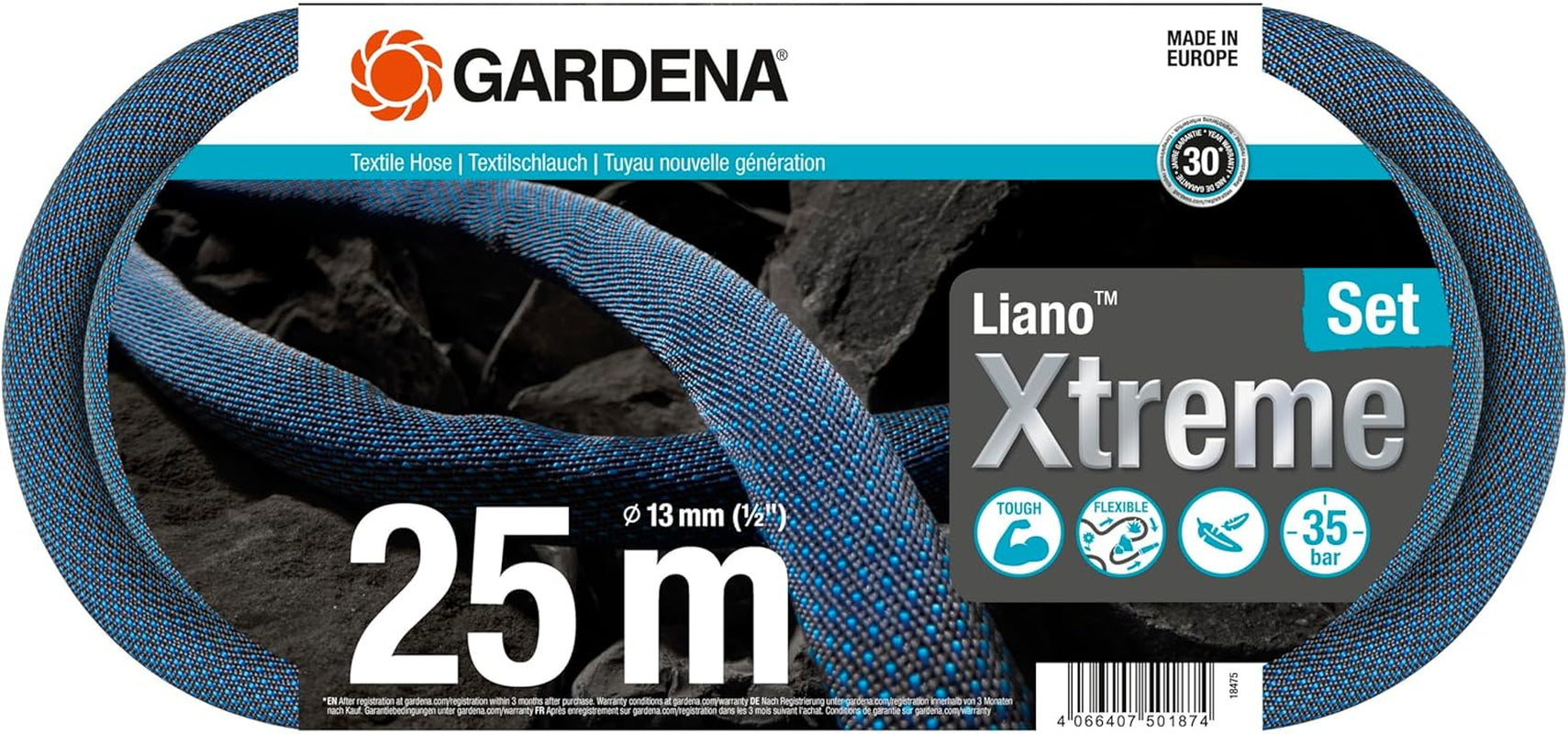 Gardena Liano Xtreme 1/2 inch 25m set: Extreem robuuste textiel tuinslang met lichtgewicht, weerbestendige PVC binnenslang (18475-20)