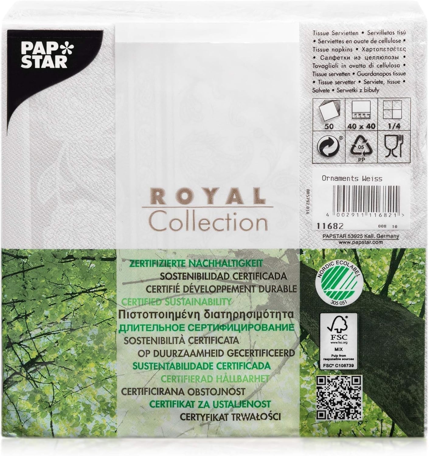 Papstar 11682 50 servetten "Royal Collection" 1/4 vouw 40 X 40 cm "Ornamenten", wit
