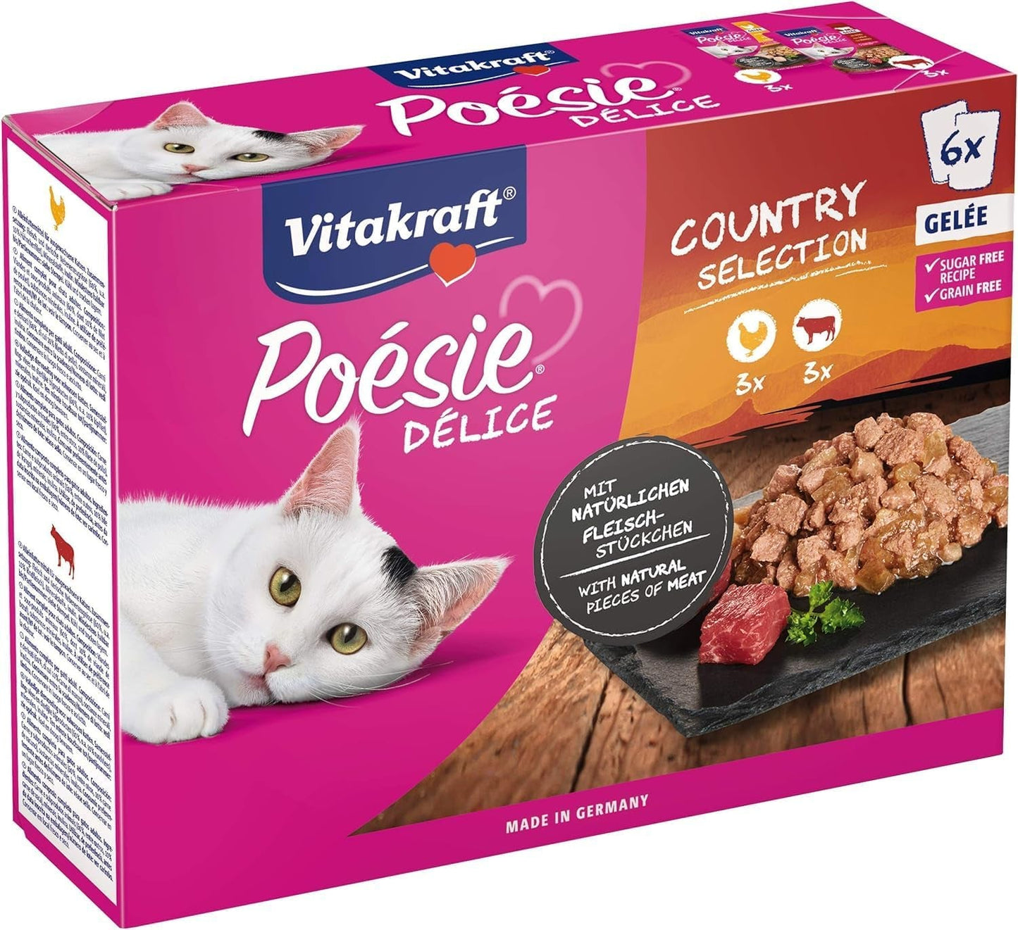 Vitakraft Poésie Délice, Country Selection, Nassfutter Katze, Katzennassfutter Gelee, met kip, met rundvlees (1 pak met 6x 85g)