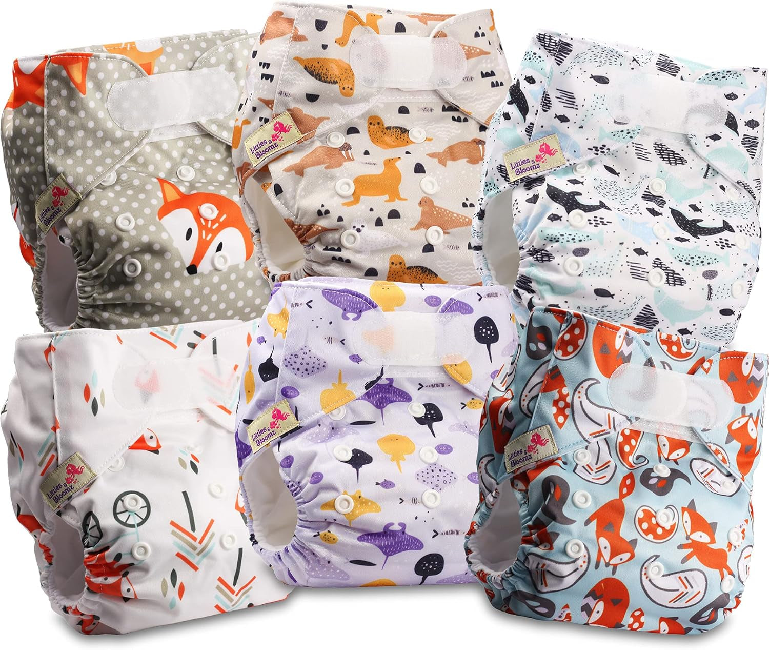Littles and Bloomz herbruikbare luier FLV2-0602, standaard klittenbandsluiting, 6 luiers