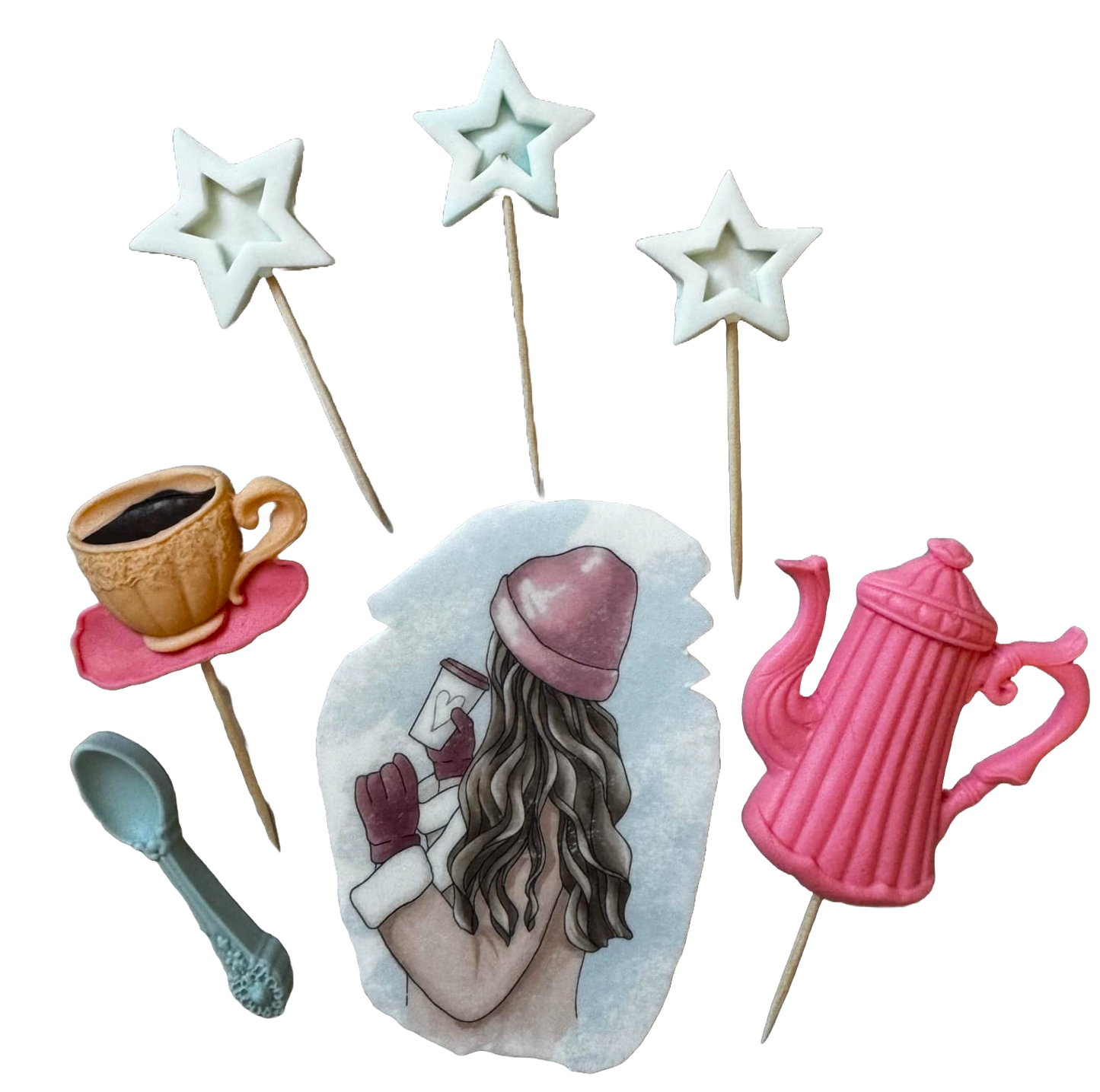 Set van 7 eetbare suikerpasta-decoraties, Beautiful Lady, roze hoed Sugar Paste Decorations Naty Shop
