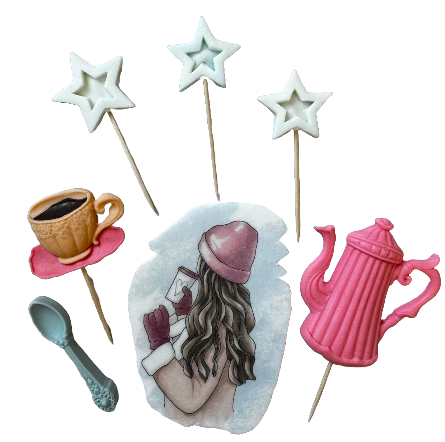 Set van 7 eetbare suikerpasta-decoraties, Beautiful Lady, roze hoed Sugar Paste Decorations Naty Shop